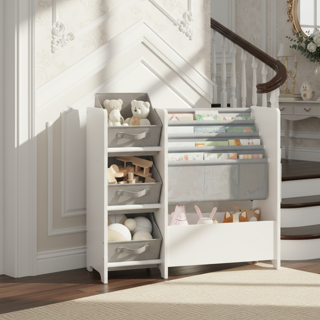 Sprout 4-Tier Kids Bookshelf with Fabric Drawers, White/Grey