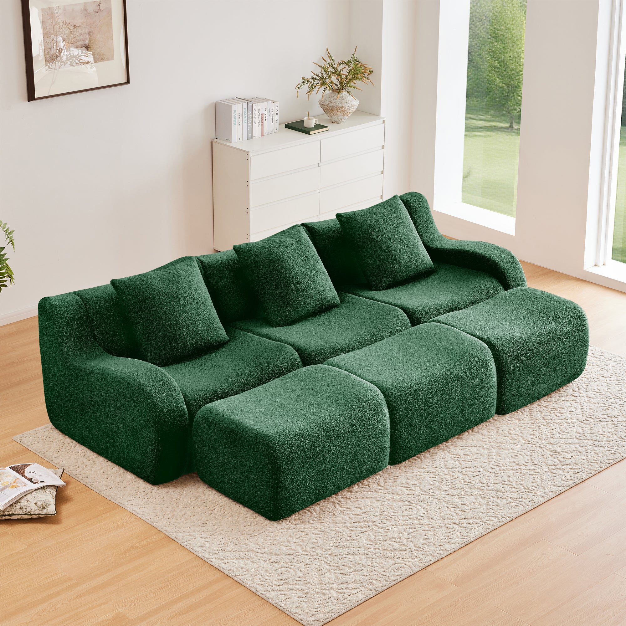 Chico 115" Modular Teddy Fabric 3-Seater Sofa with3 Ottomans