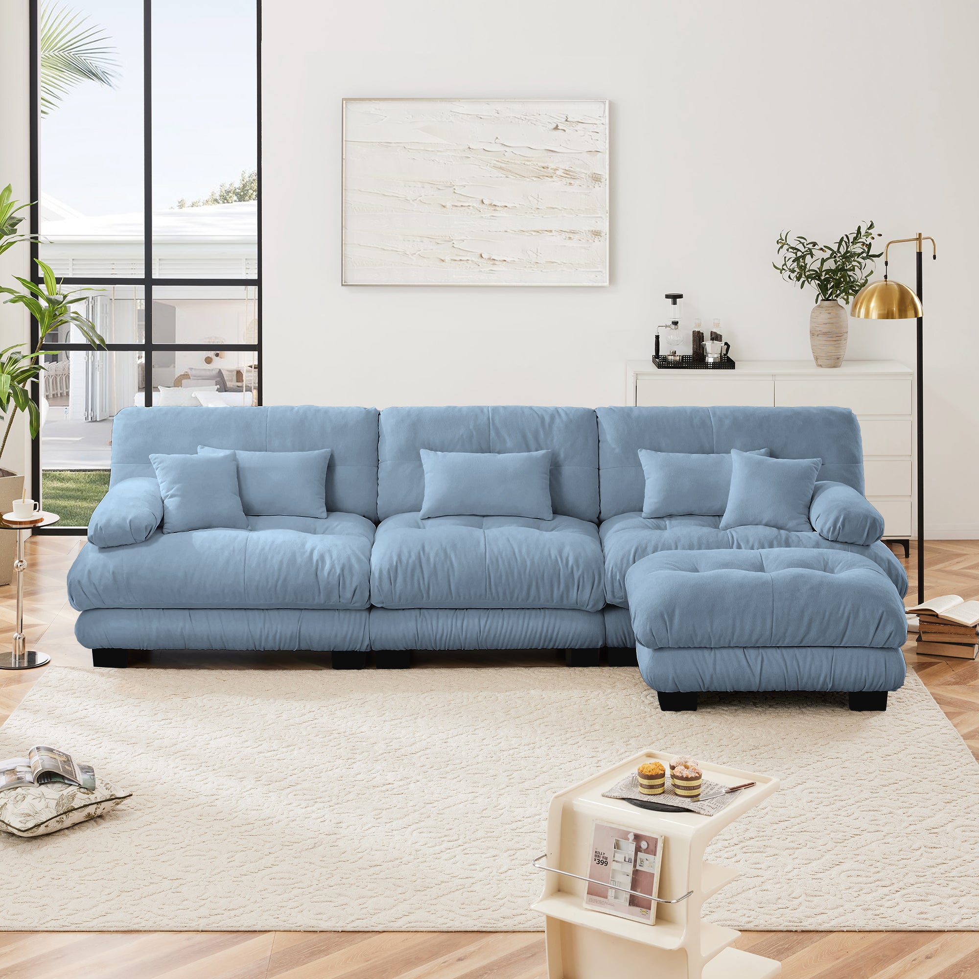 Monterey 134" Modular Chenille Cloud L-Shaped Sectional Sofa with Convertible Ottoman