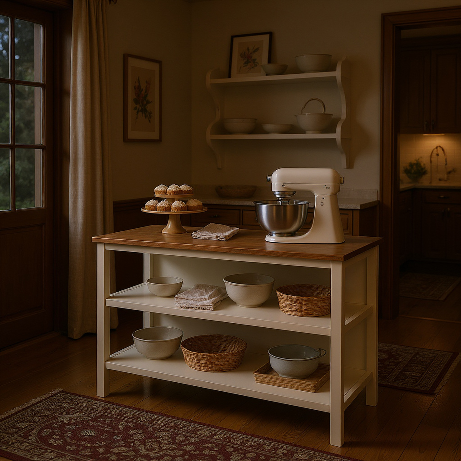 Solid Wood Rustic 45" Stationary Kitchen Island, Rubber Wood Butcher Block Dining Table Prep Table with 2 Open Shelves for Small Places
