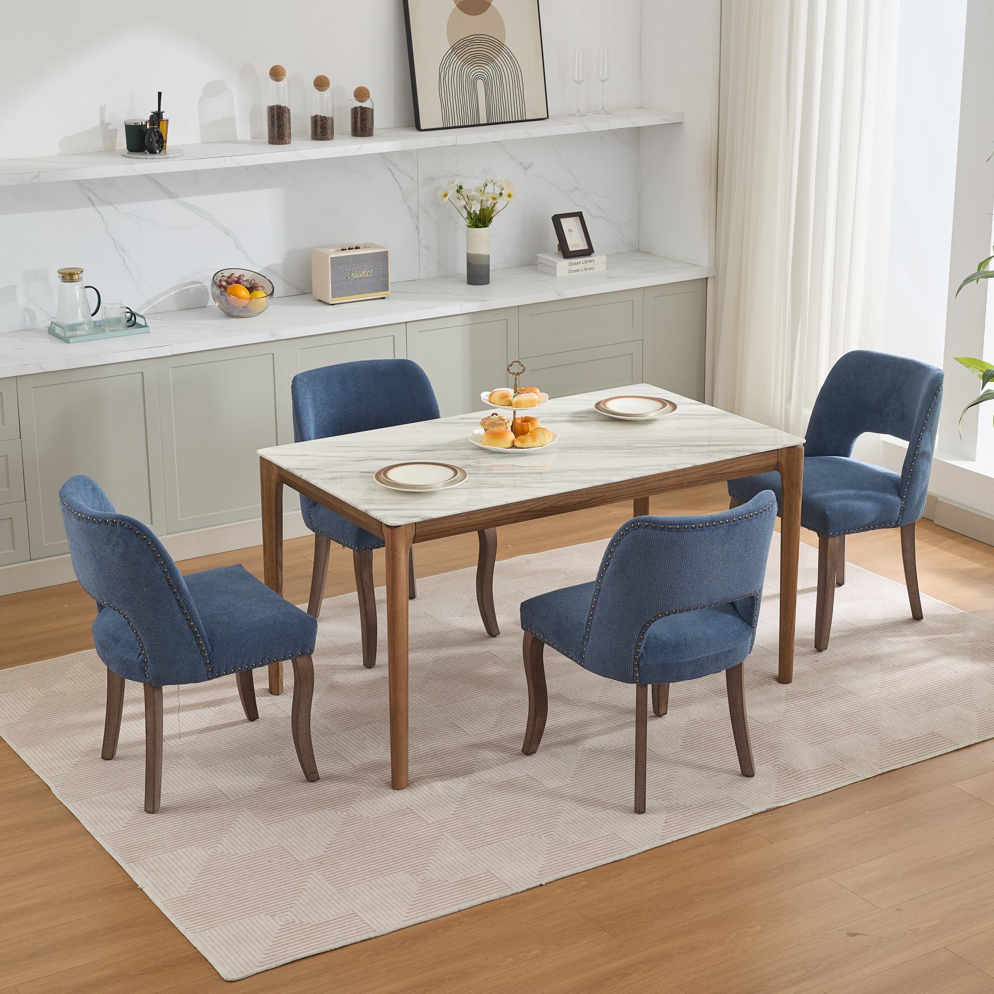 Tiberis Modern Fabric Upholstered Dining Chair Set of 2 Wood Frame