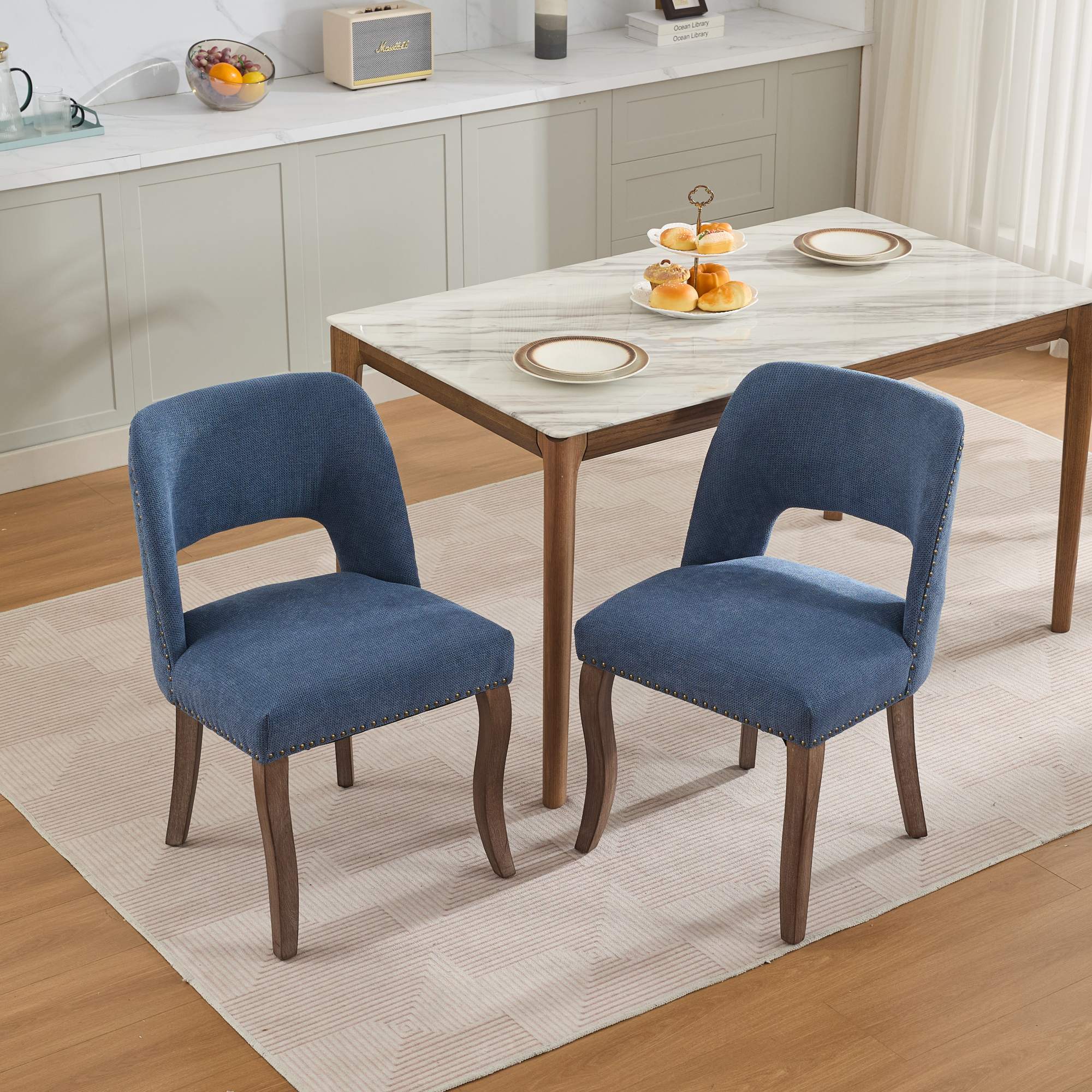 Tiberis Modern Fabric Upholstered Dining Chair Set of 2 Wood Frame