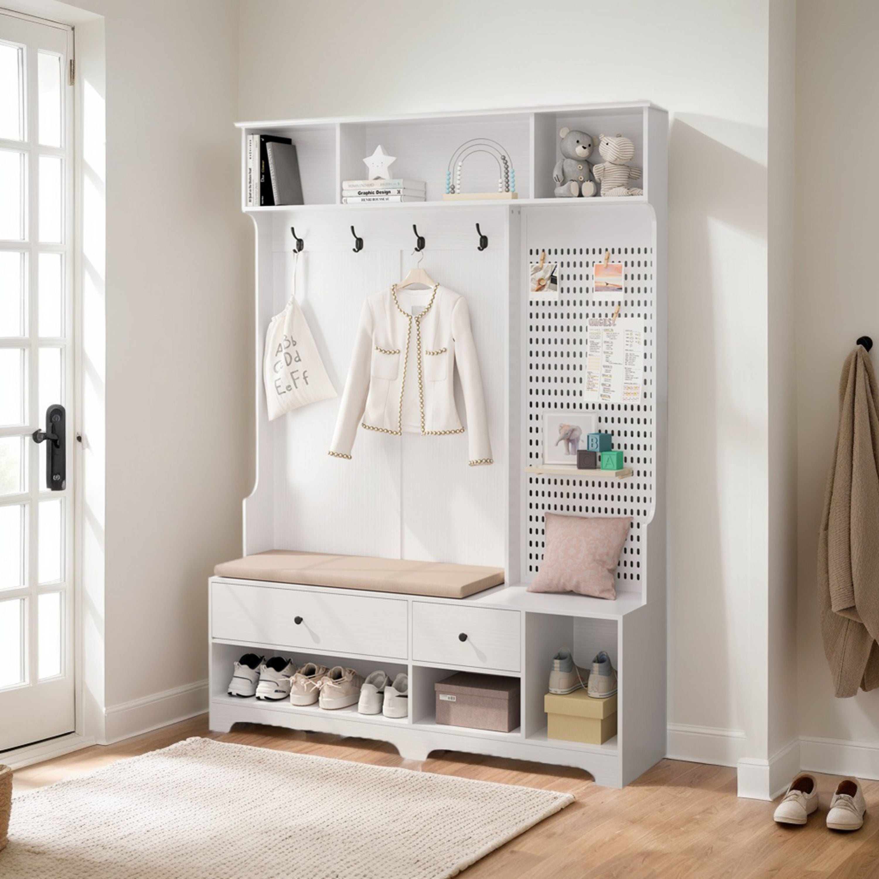 Vestia Hall Tree with Bench, Hooks, Shelves & Pegboard – All-in-One Entryway Mudroom Organizer