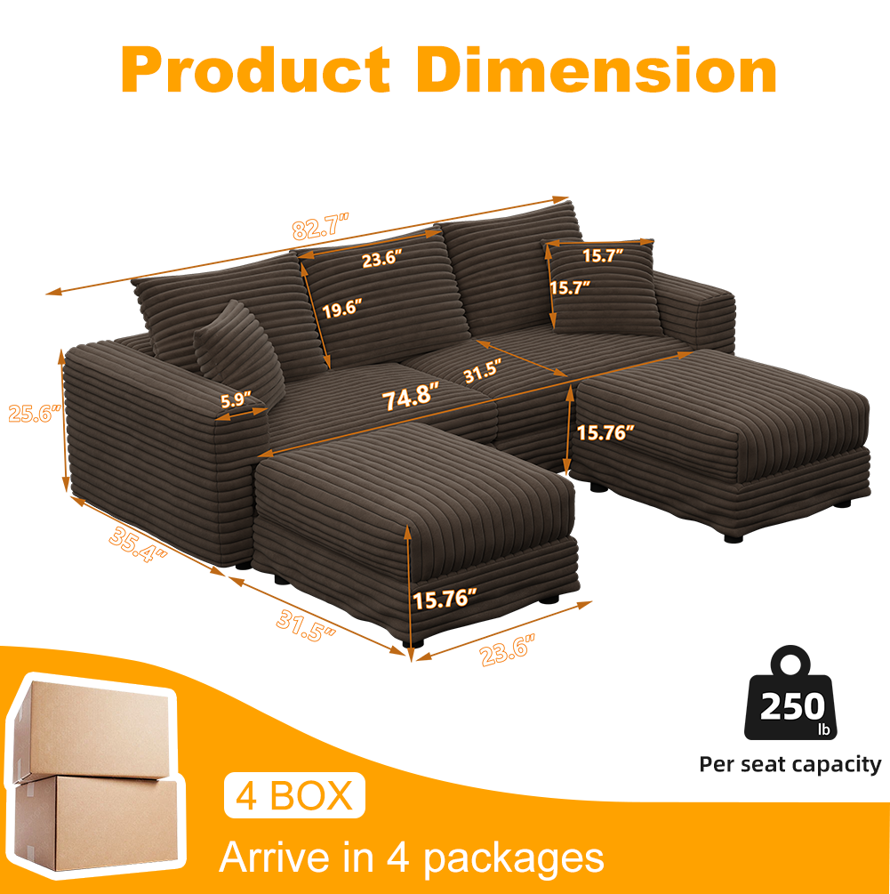 Norwalk 83" Modular Plush Corduroy U-Shaped Sectional Sofa with 2 Movable Ottomans