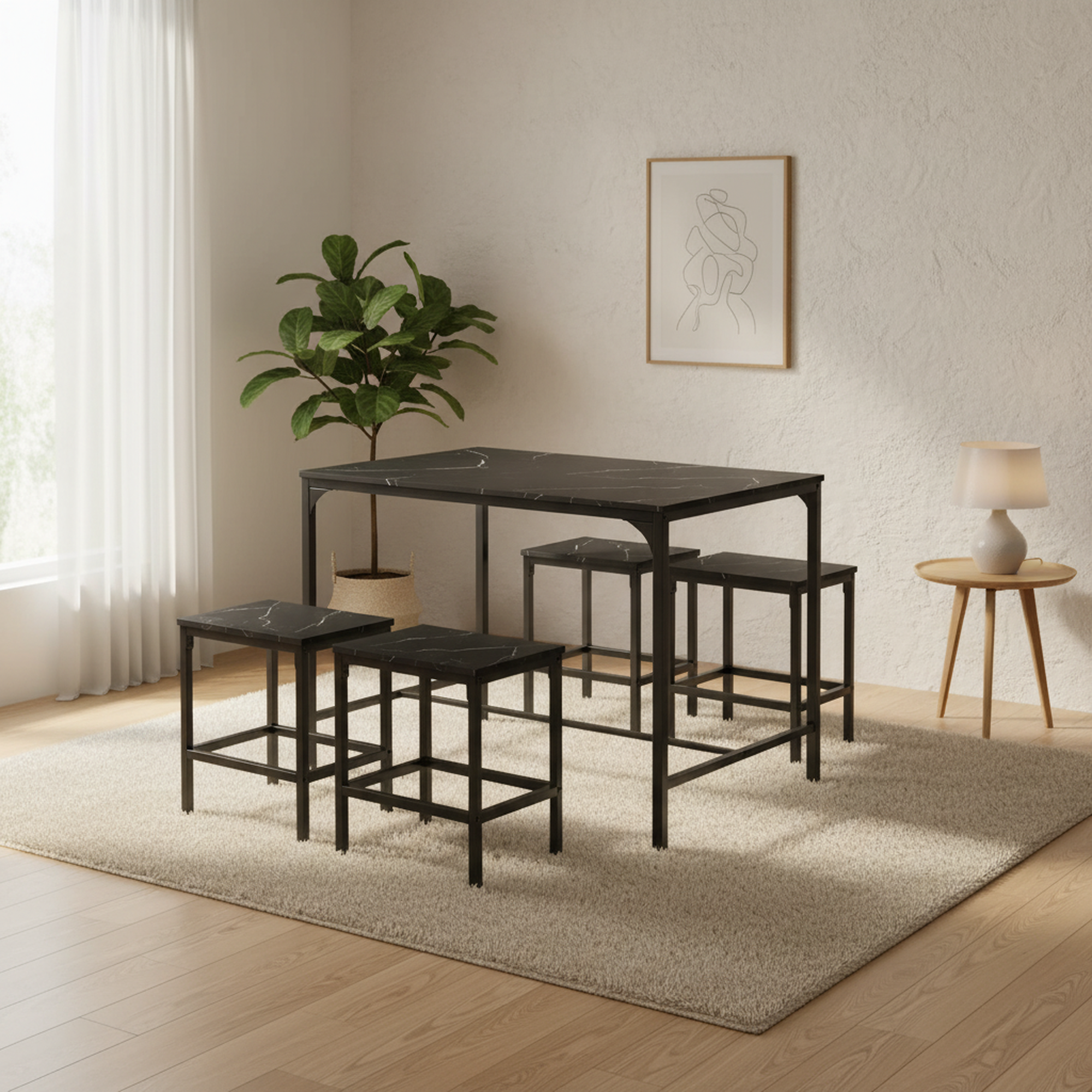 Homy Casa Moreman 5 Piece Dining Table Set 43.3” Dining Tabe with 4 Stools,Black