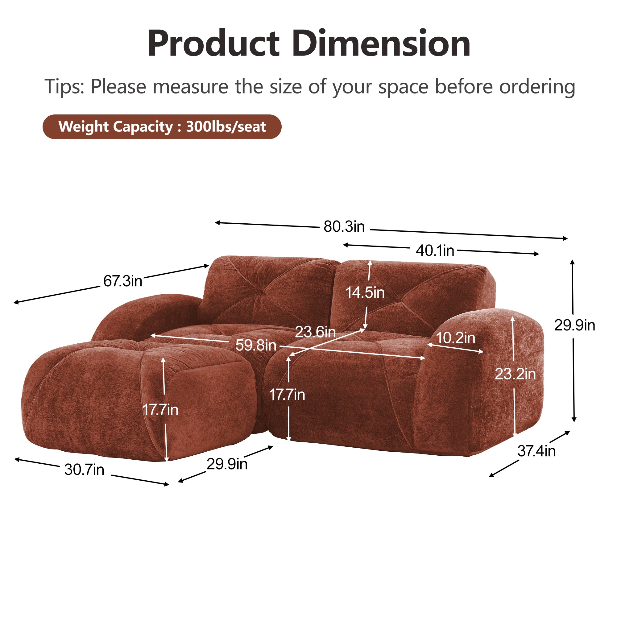 Aven 80" Modular Velvet Cloud L-Shaped Sectional Sofa with Ottoman and Curved Armrests