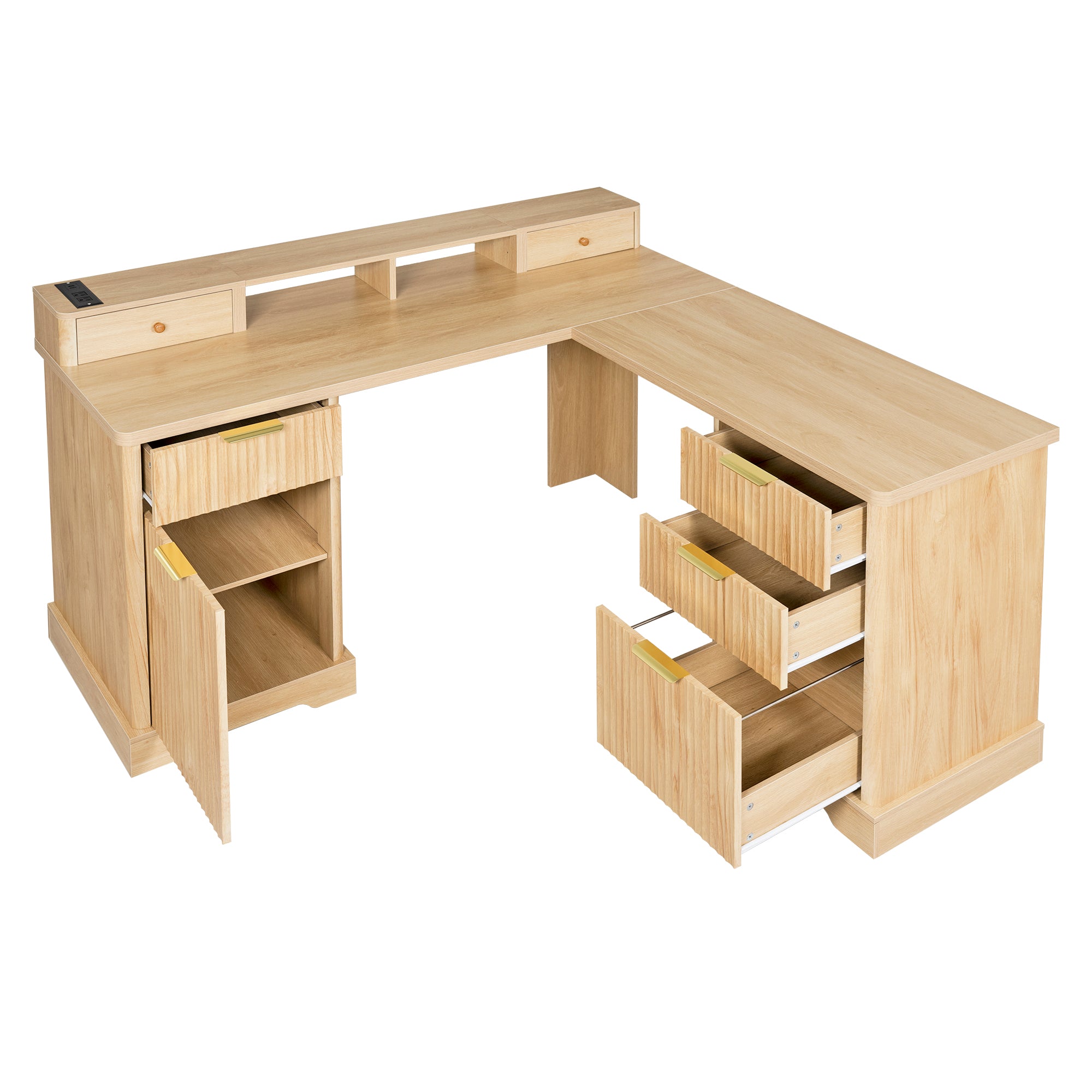 Vexon 59" Modern Fluted L-Shaped Office Desk with Storage Cabinets and Charging Station