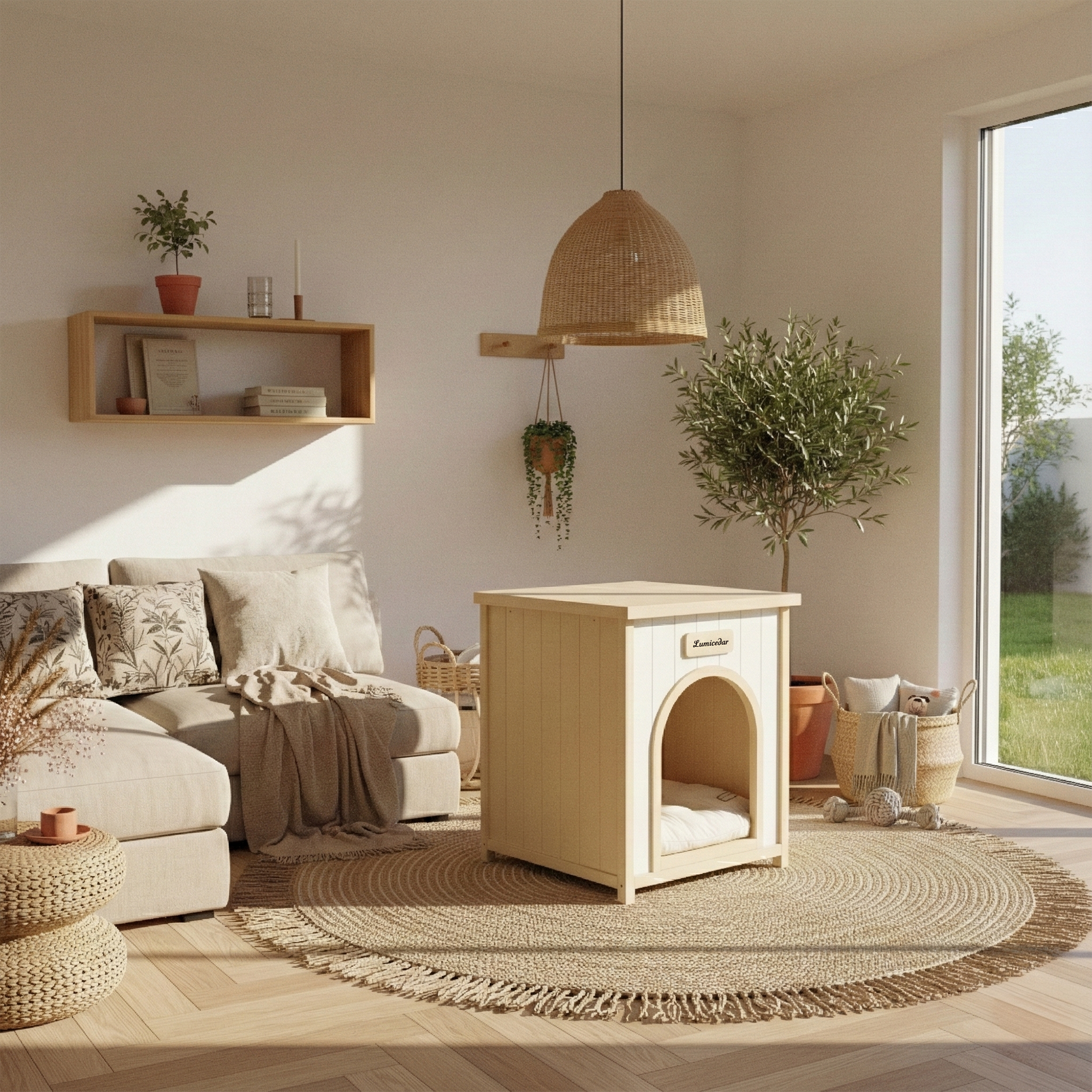 Homy Casa 21" x 20" x 24" Flat Roof Indoor Pet House for Small Cats & Dogs, FSC Solid Wood, Cream Yellow