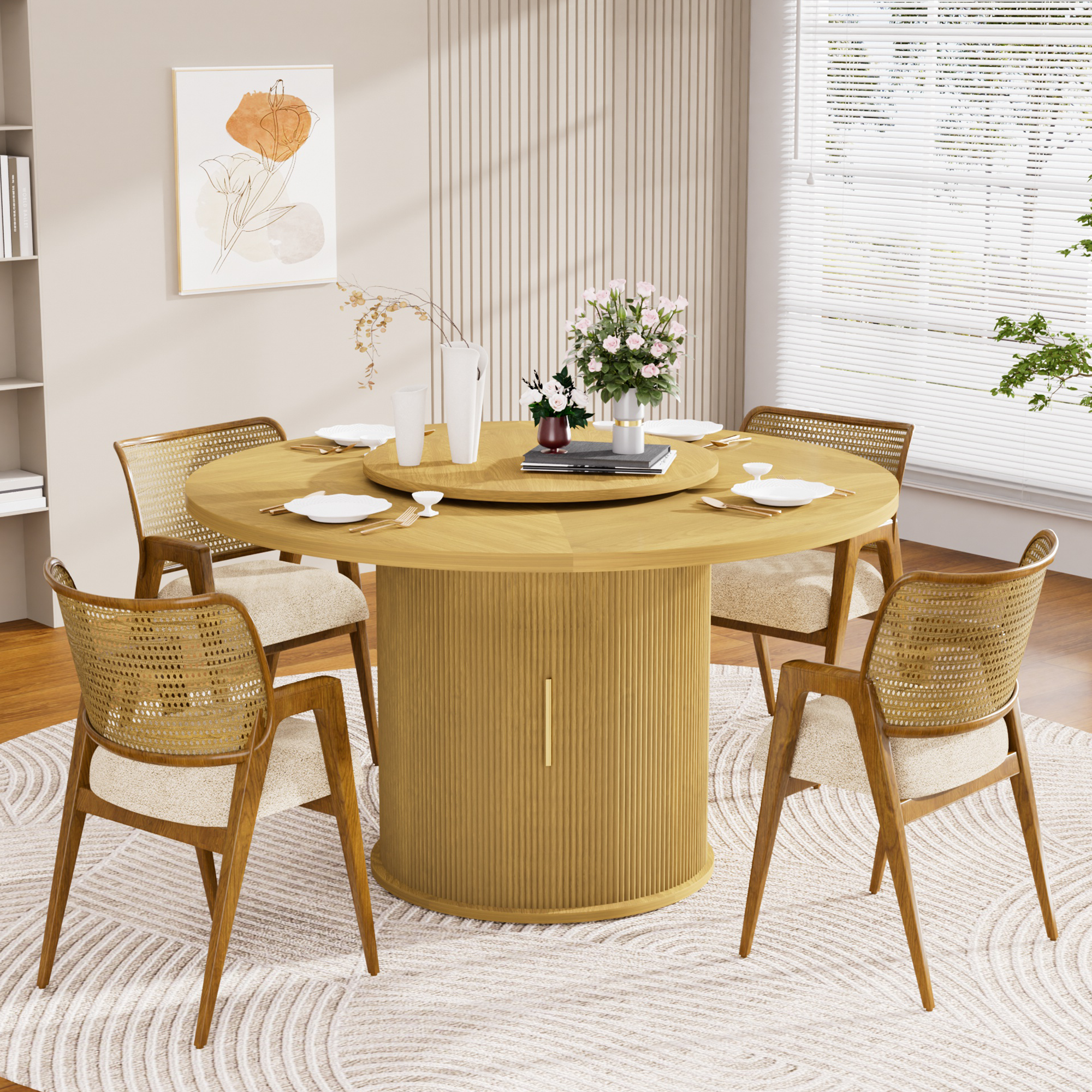 Ganges 55" Natural Round Dining Table with Storage Rack and Rotating Tray