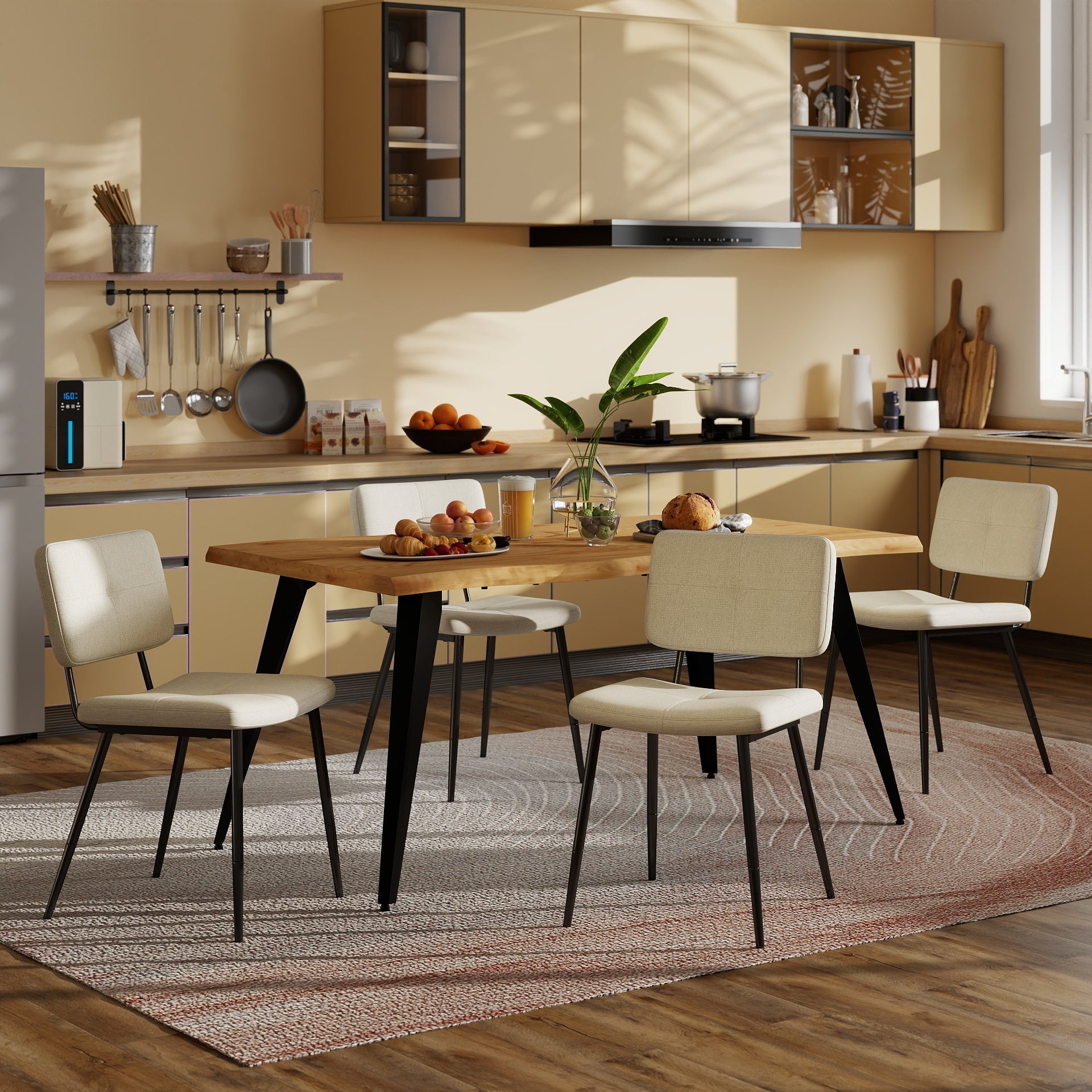 Homy Casa Lancelot 5PC Dining Set 63” Oak Table with 4 Pomona Upholstered Chairs,Beige