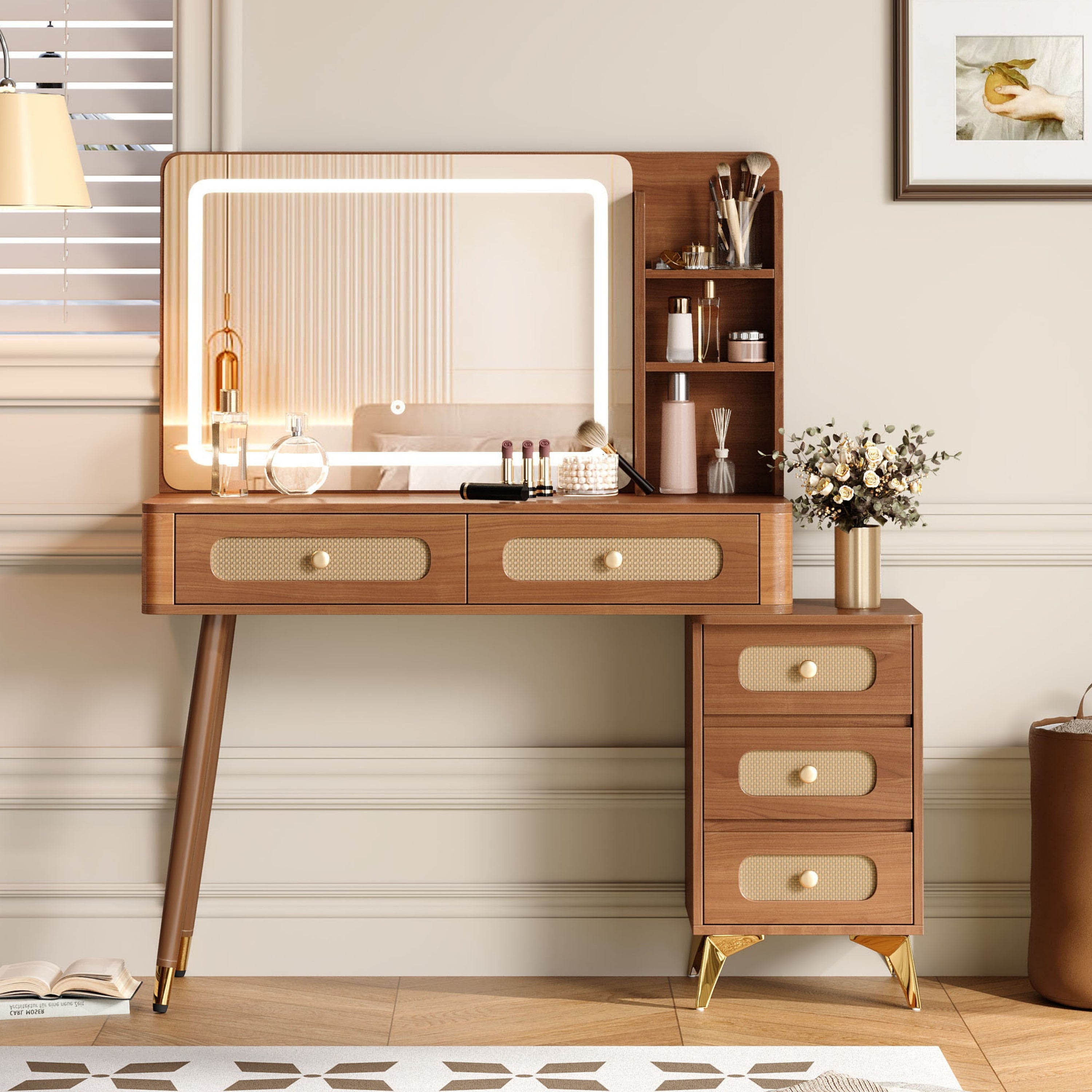 Homy Casa Kalmar 47" Vintage Walnut Vanity Desk with 5 Drawers and Lighted Mirror