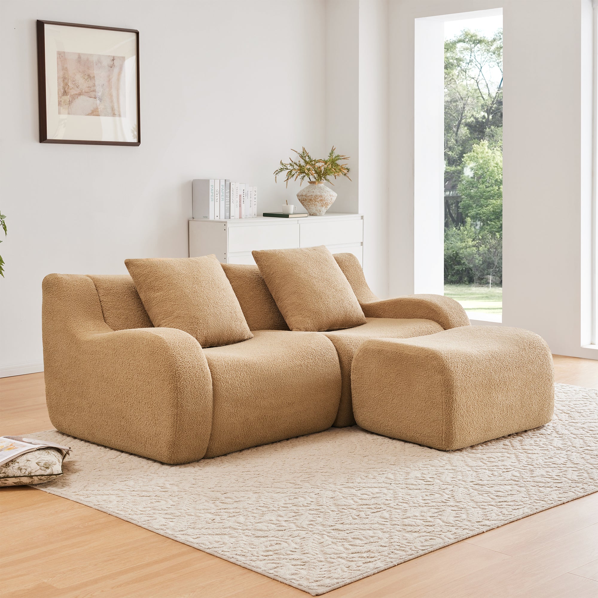 Chico 83" Modular Teddy Fabric L-Shaped Loveseat Sofa with Movable Ottoman
