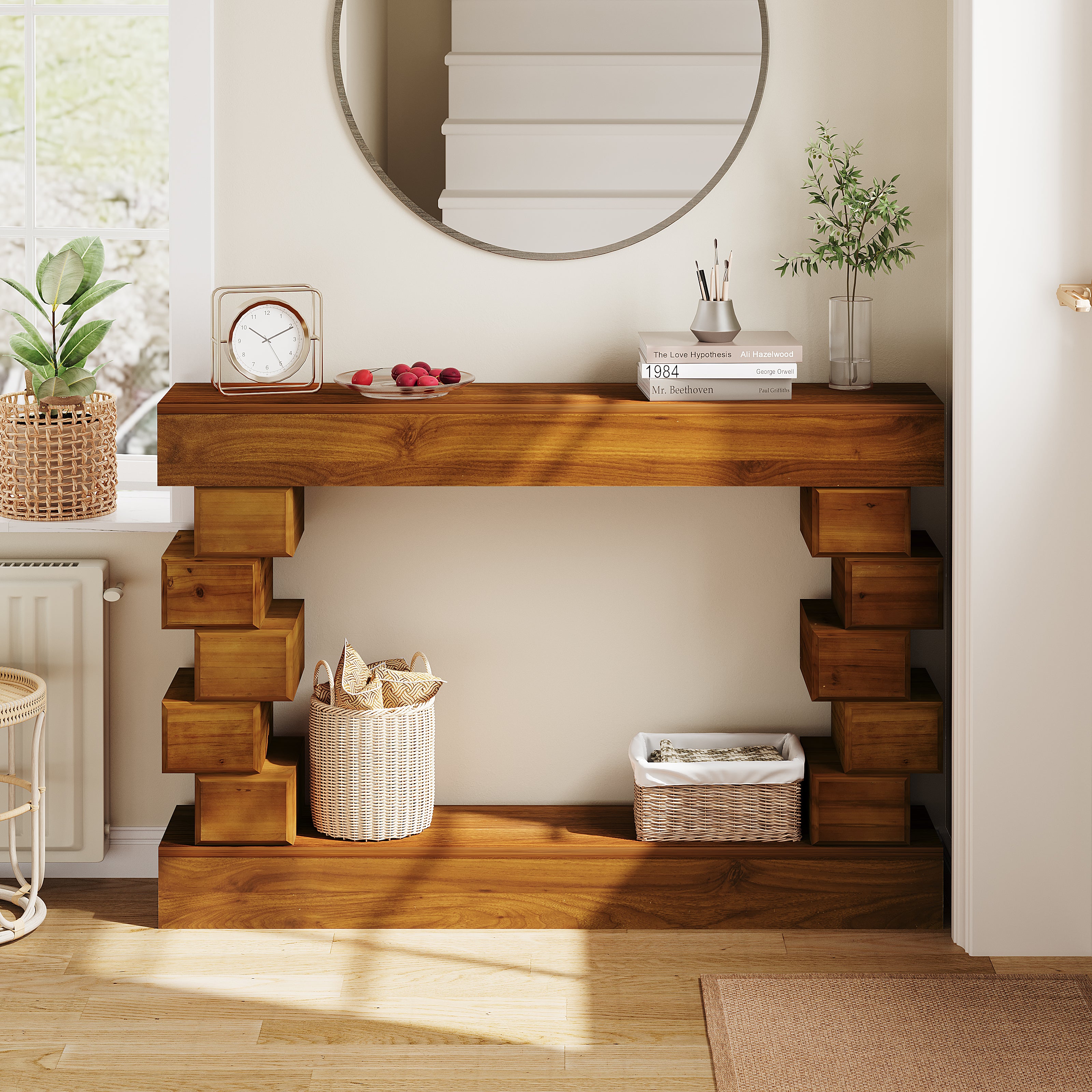 Esplanade Geometric Stacked-Wood Console Table with Warm Natural Finish