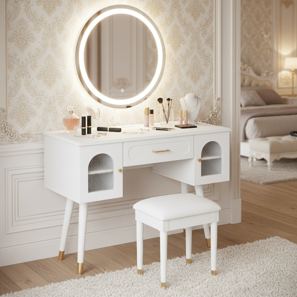 Amara Makeup Vanity Table and Stool Set, White