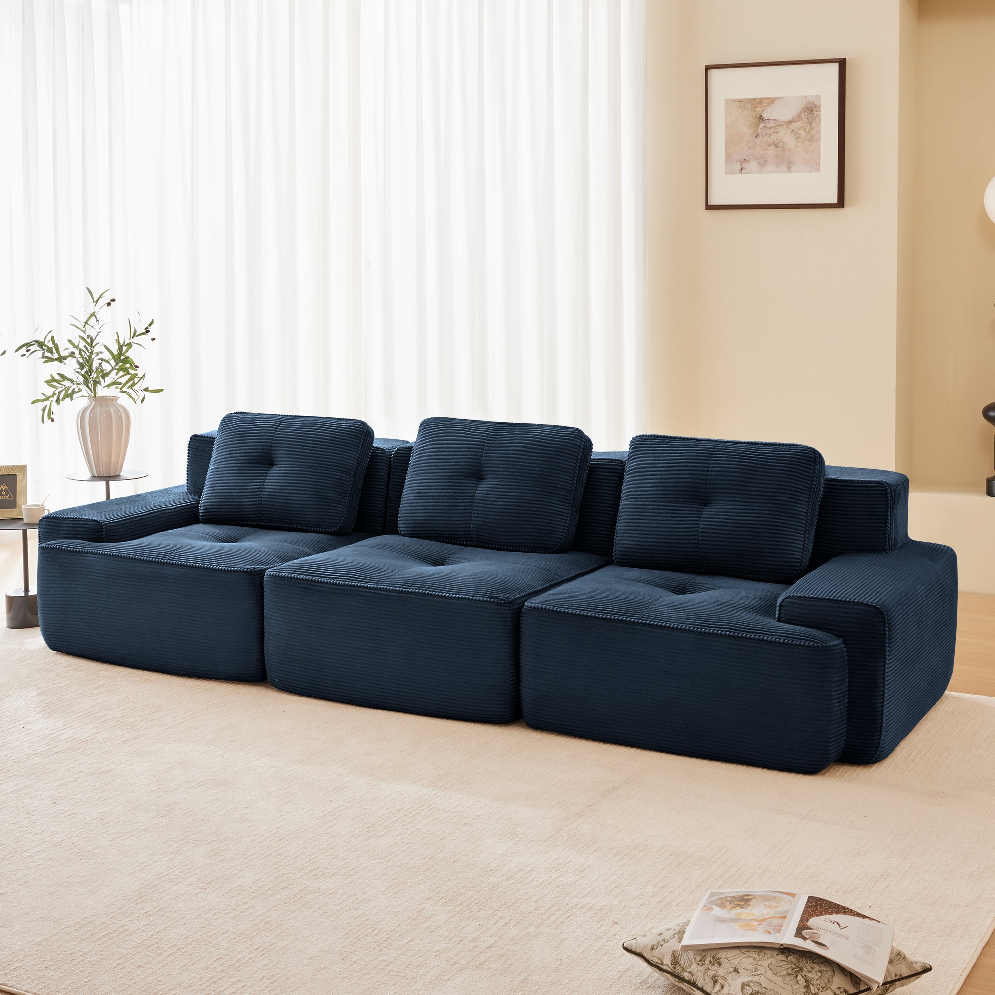 Racine 117" Modular Corduroy Fabric 3-Seater Sofa with Pillows
