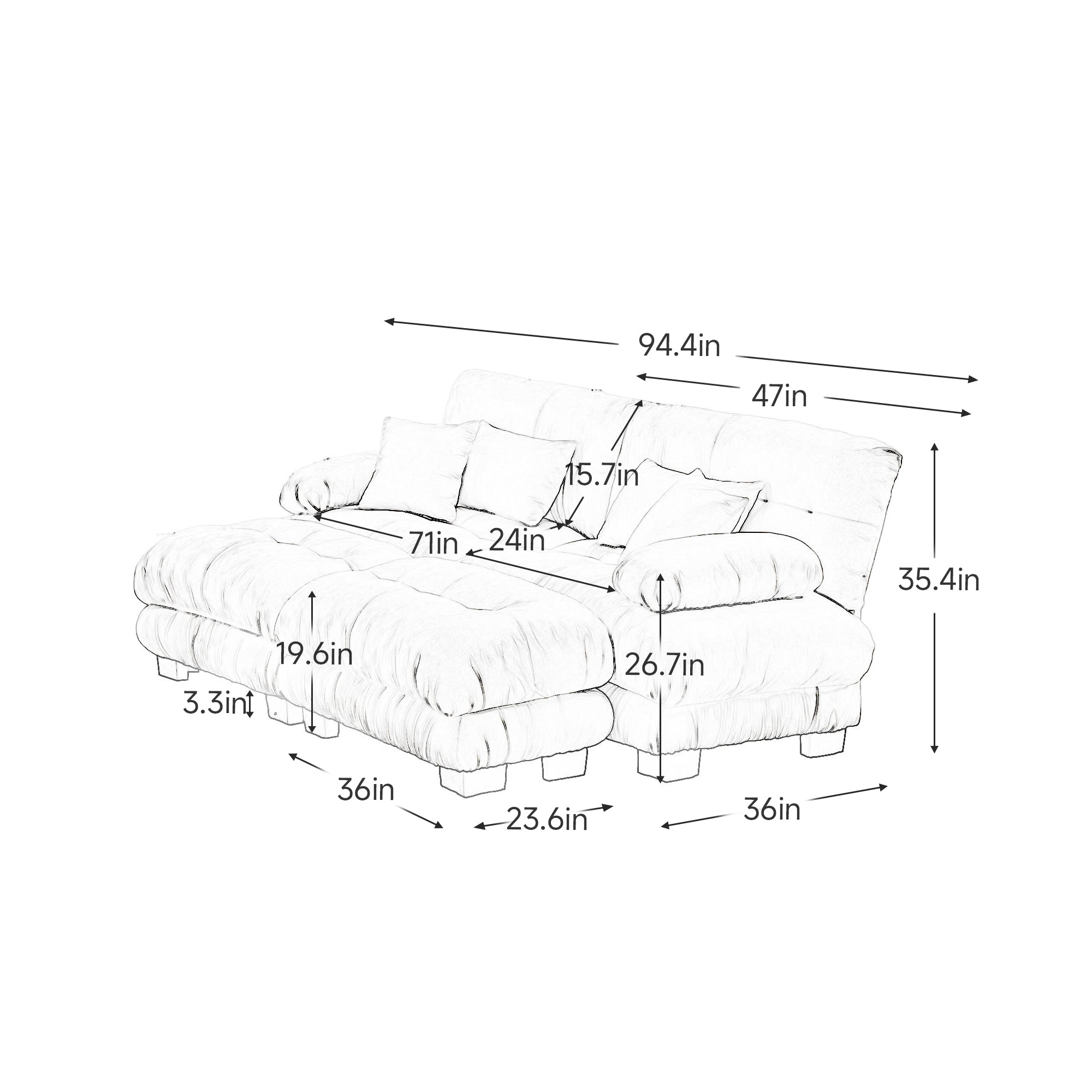 Monterey 94" Modular Chenille Cloud Sofa with 2 Ottomans and Bolstered Armrests