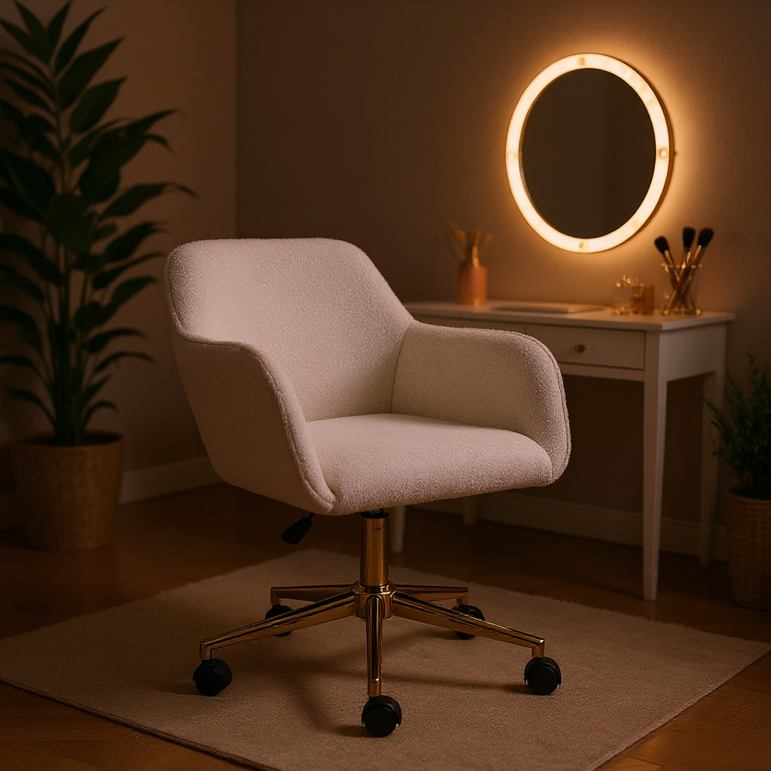 Modern Teddy Fabric Material Adjustable Height 360 Revolving Home Office Chair With Gold Metal Legs And Universal Wheel For Indoor