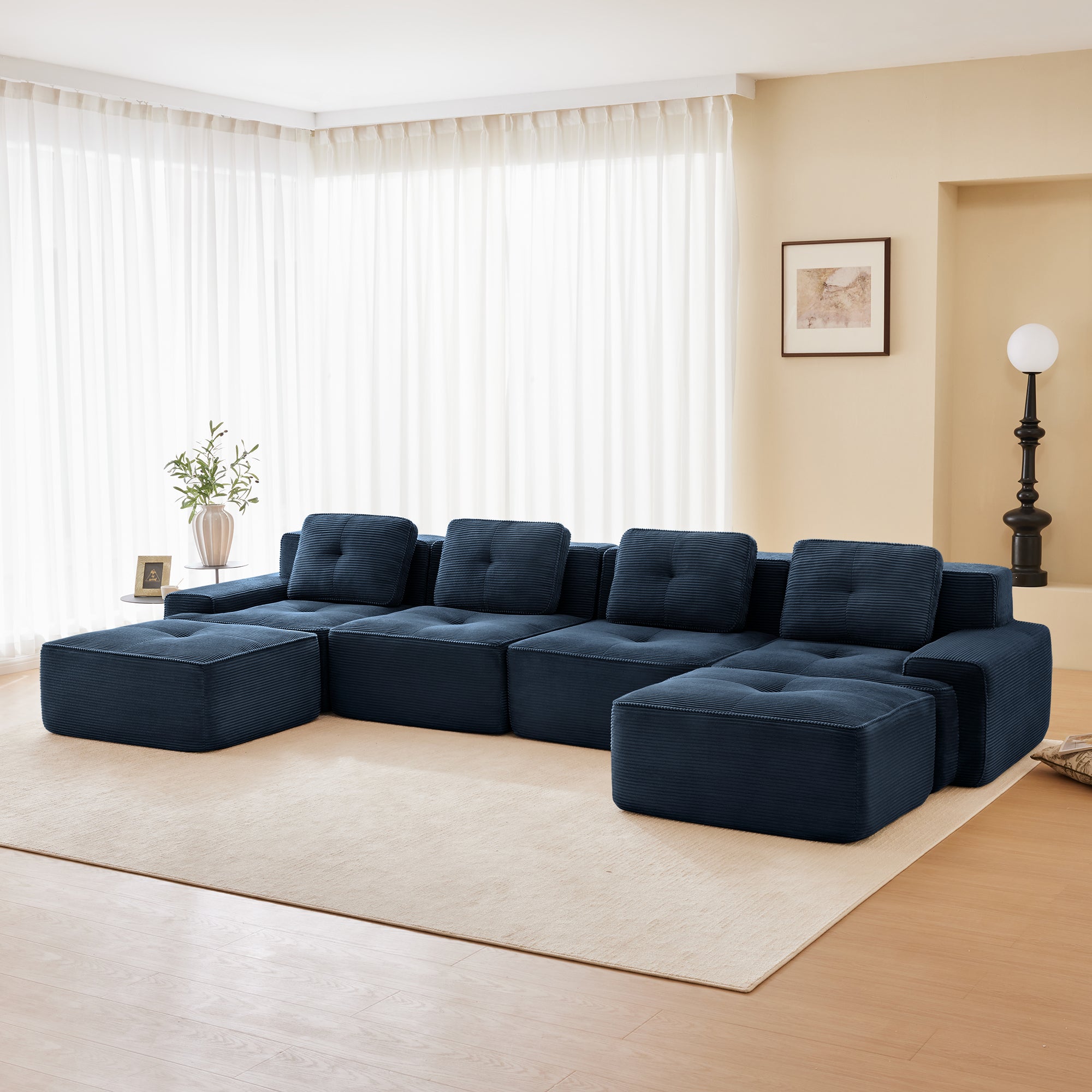 Racine 153" Modular Corduroy Fabric U-Shaped Sectional Sofa with Deep Seat and 2 Movable Ottomans