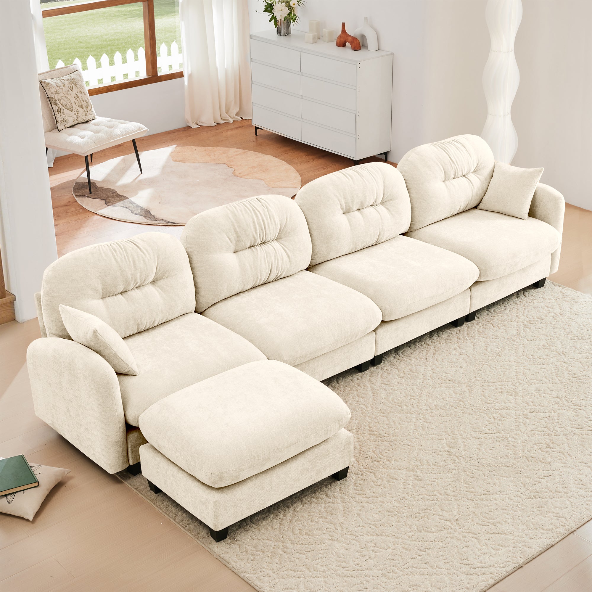 Roselyn 140" Modular Chenille Cloud L-Shaped Sectional Sofa with Ottoman and Tufted Cushion Backrest