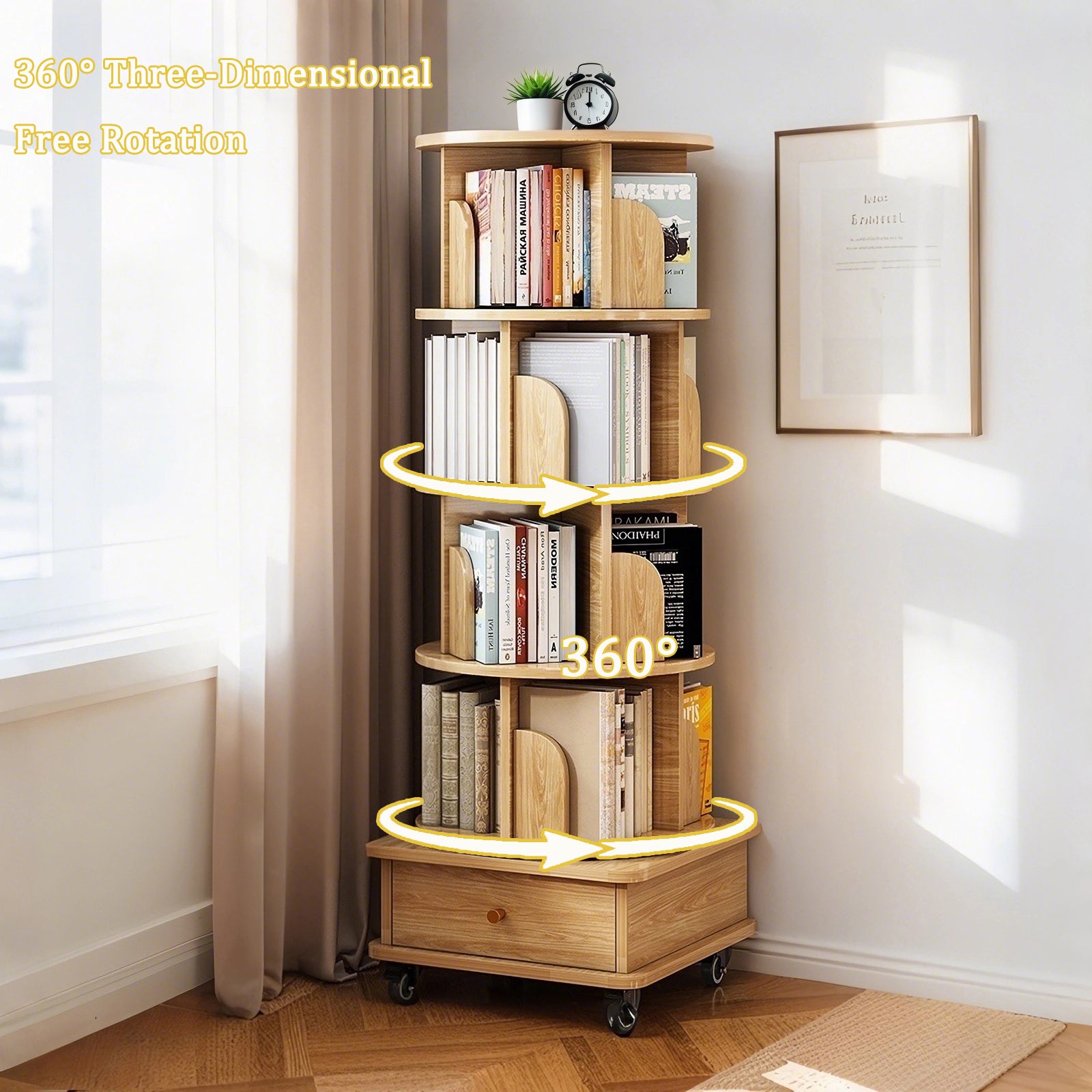 Sophia 5 Tier Rotating Bookshelf Display Stand with Drawer and Wheels