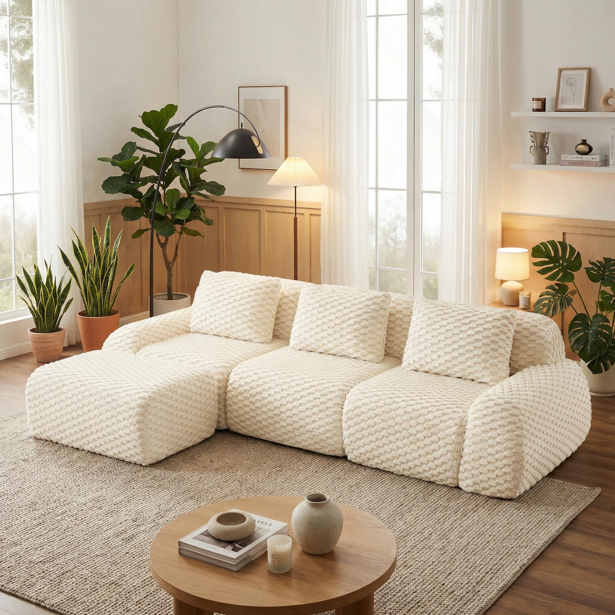 Olathe 114" Modular Flannelette Fabric L-Shaped Sectional Sofa with Movable Ottoman