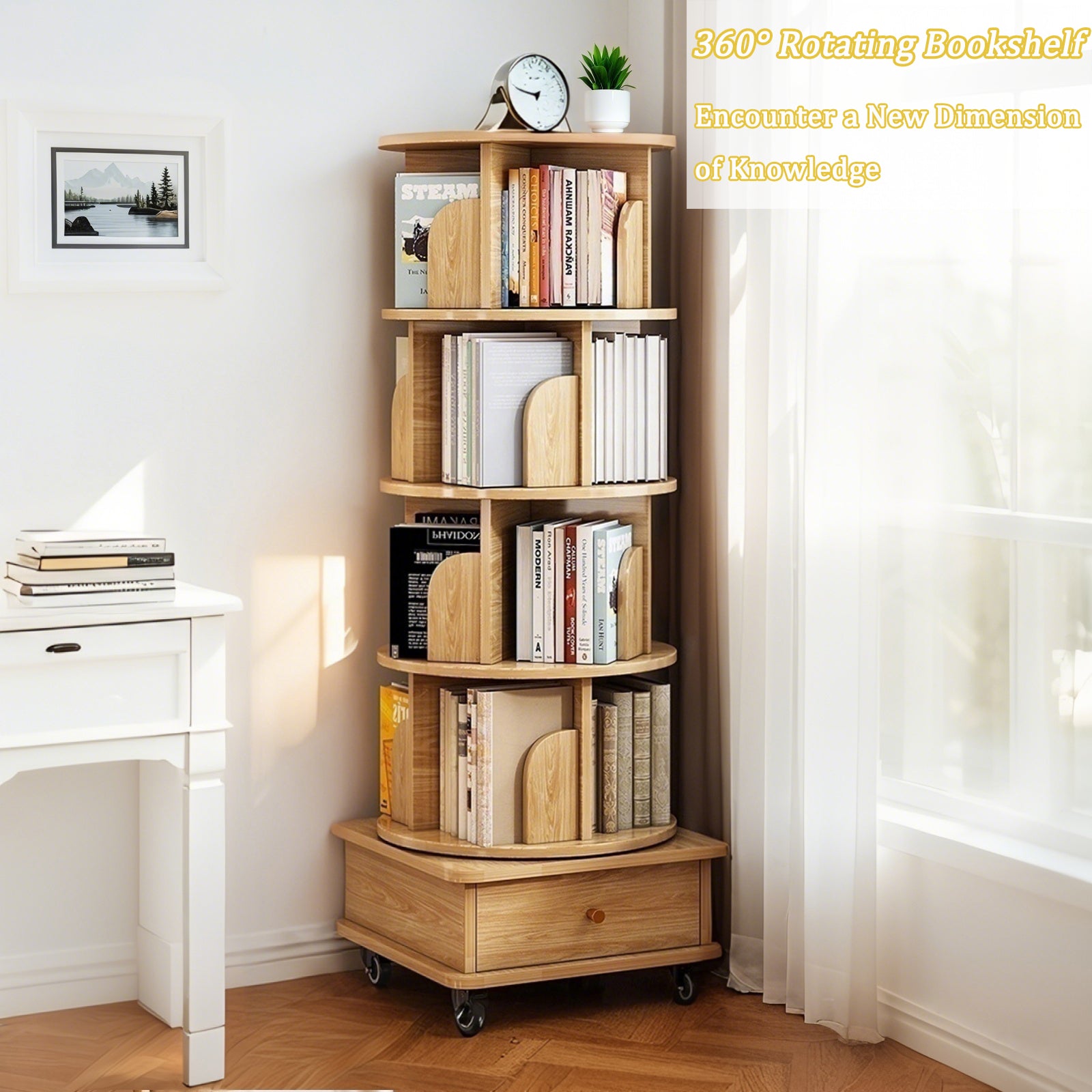 Sophia 5 Tier Rotating Bookshelf Display Stand with Drawer and Wheels