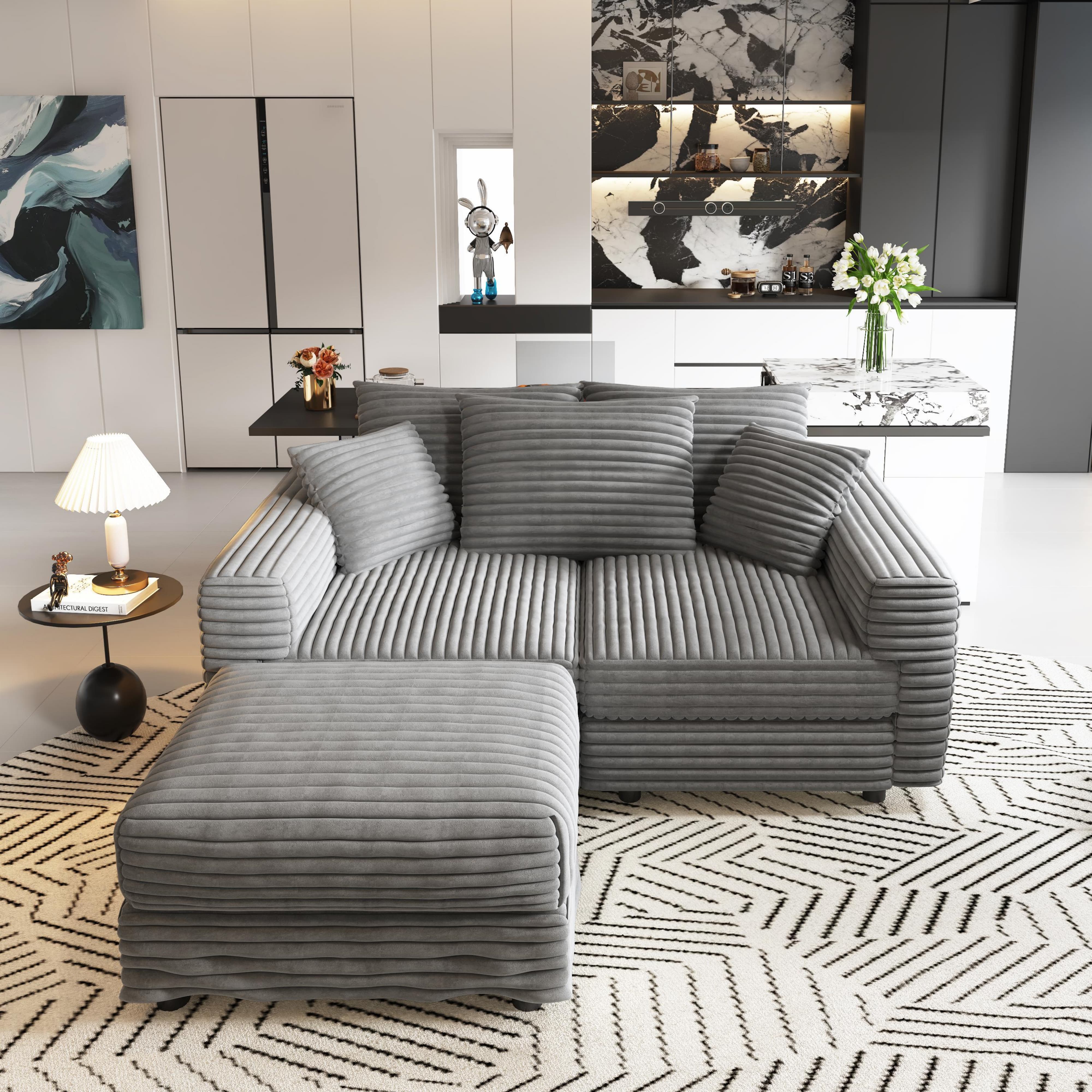 Norwalk 83" Modular Plush Corduroy L-Shaped Sectional Sofa with Movable Ottoman