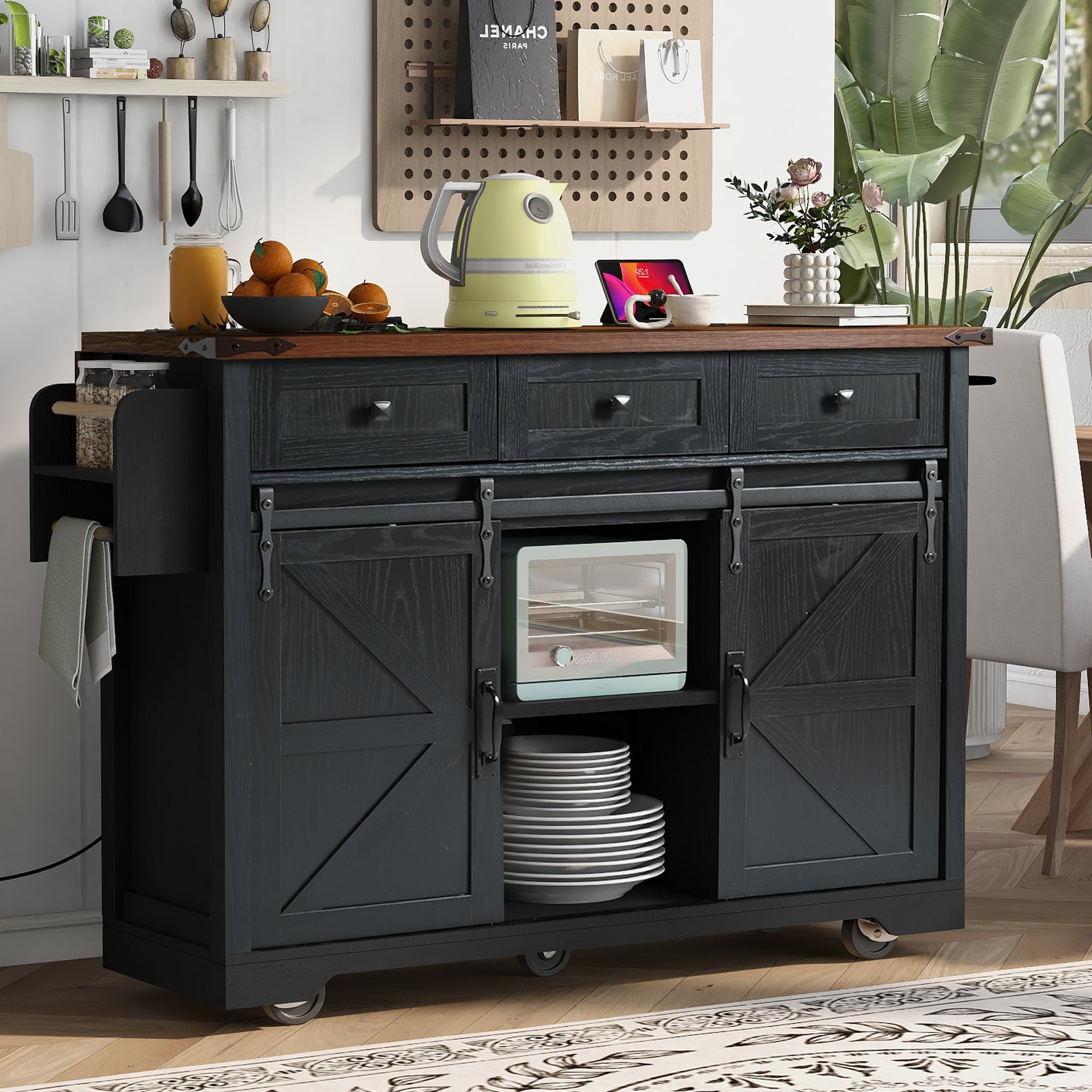 Arlena 55 Inch Farmhouse Kitchen Island with Power Outlet and Drop Leaf