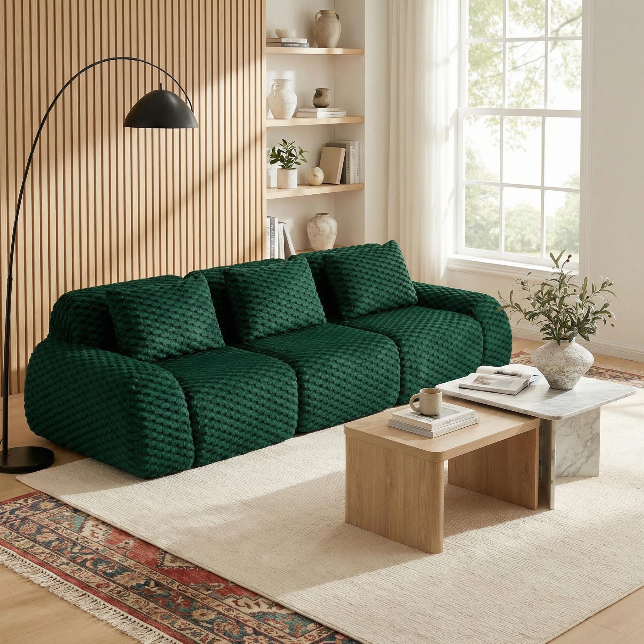 Olathe 114" Modular Flannelette Fabric 3-Seater Sofa with Deep Seat