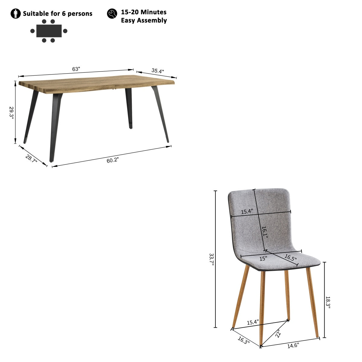 Homy Casa Lancelot 5PC Dining Table Set 63” Walnut Table with 4 Scargill Upholstered Chairs,Grey