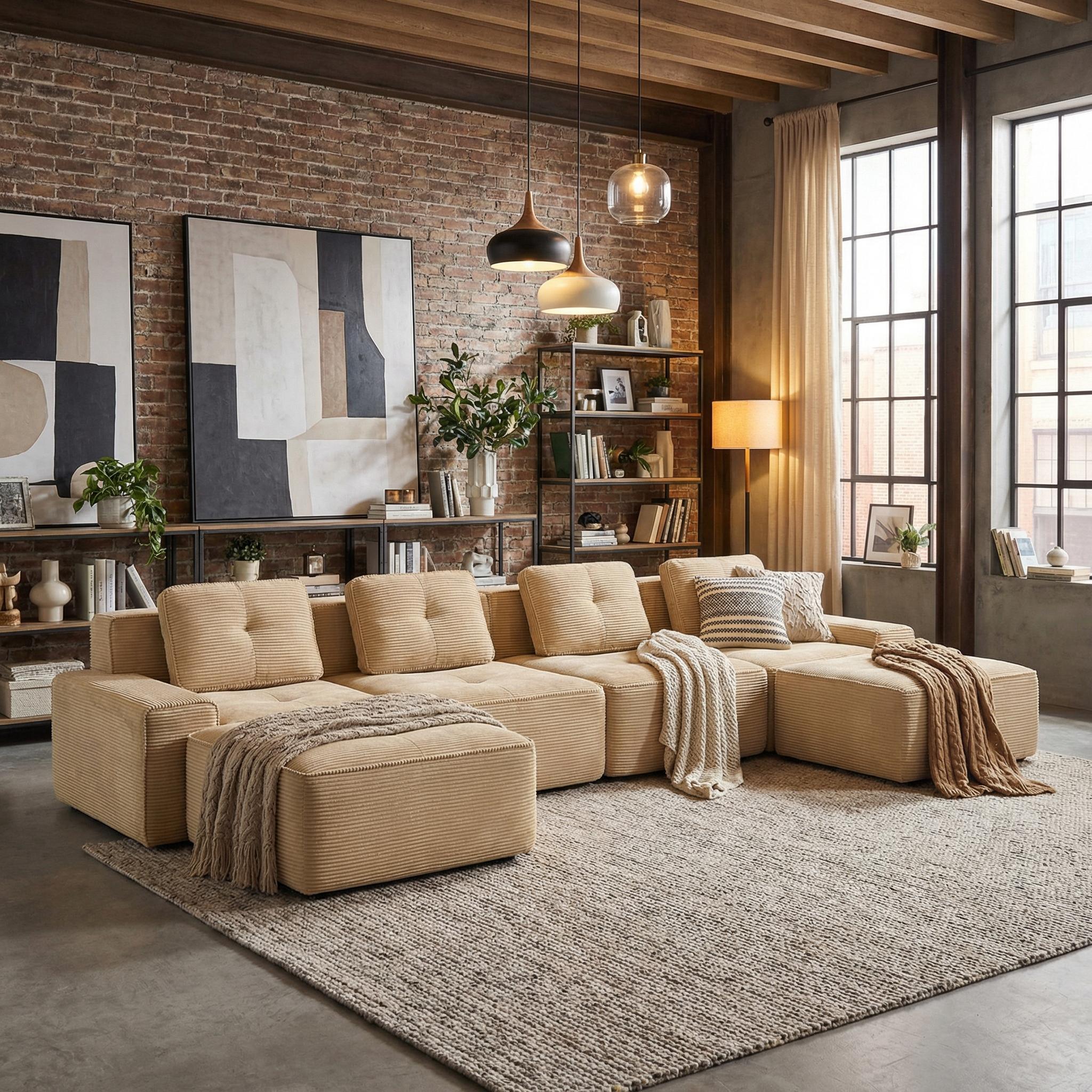 Racine 153" Modular Corduroy Fabric U-Shaped Sectional Sofa with Deep Seat and 2 Movable Ottomans