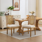 Shannon Solid Wood Rattan-Back Dining Chair Set of 2 with Beige Linen Cushion