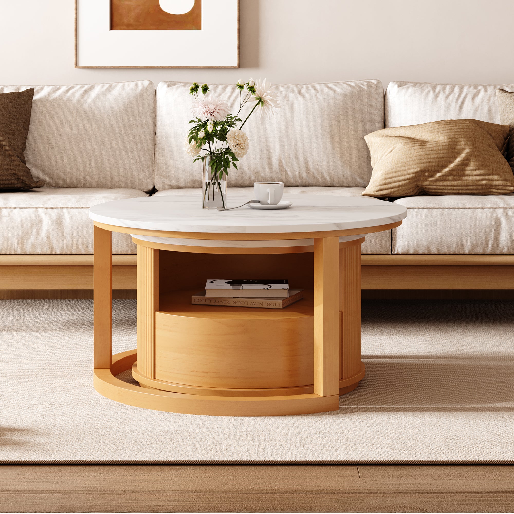 Imola 29" Marble Veneer Round Nesting Coffee Table Set with Storage Drawer