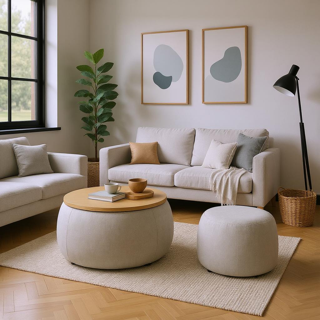 Zion 2 Piece Round Storage Ottoman and Coffee Table Set