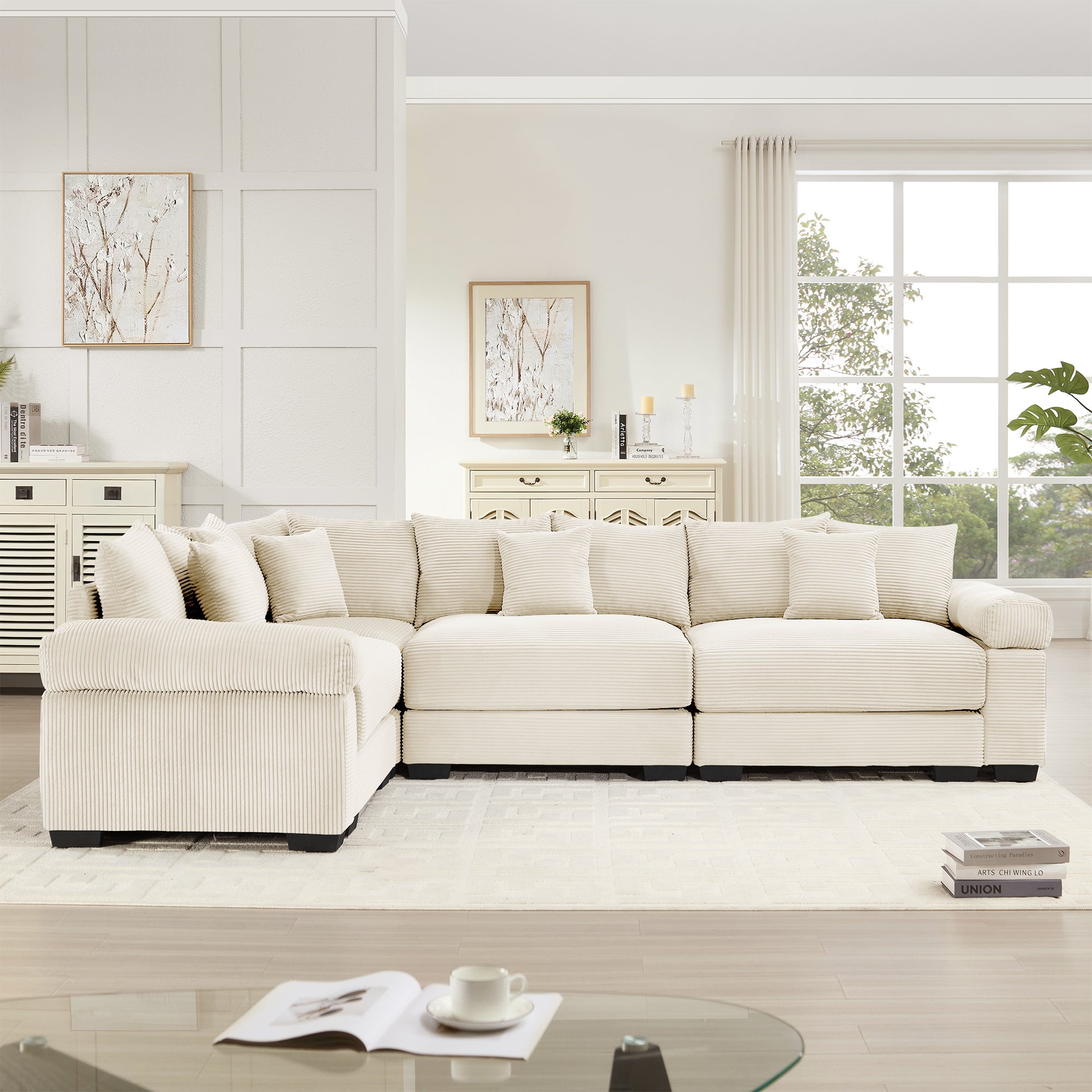 Albany 130" Modular Corduroy Cloud L-Shaped Sectional Sofa with Ottoman and Extra-Thick Armrests