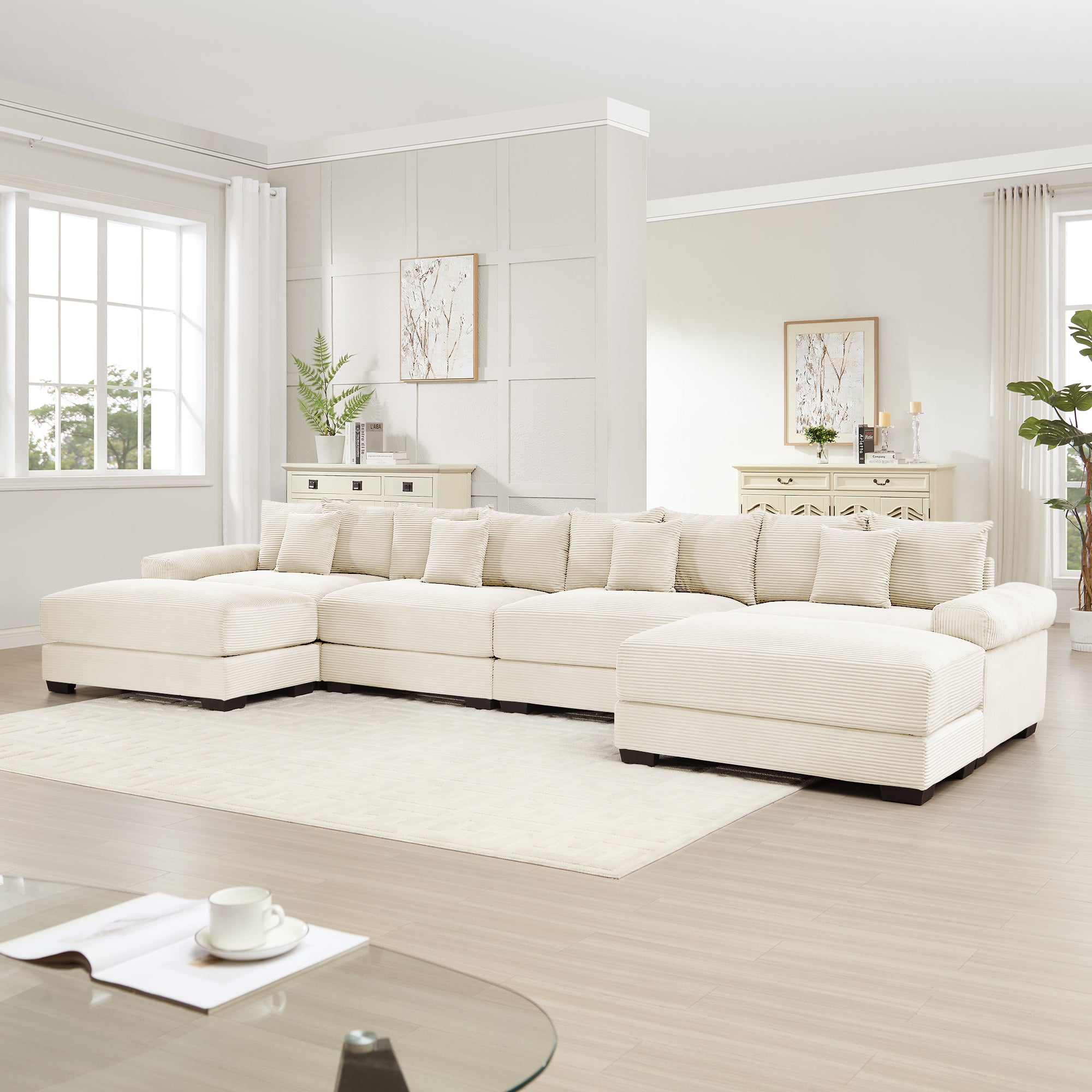 Albany 168" Modular Corduroy Cloud U-Shaped Sectional Sofa with Ottomans