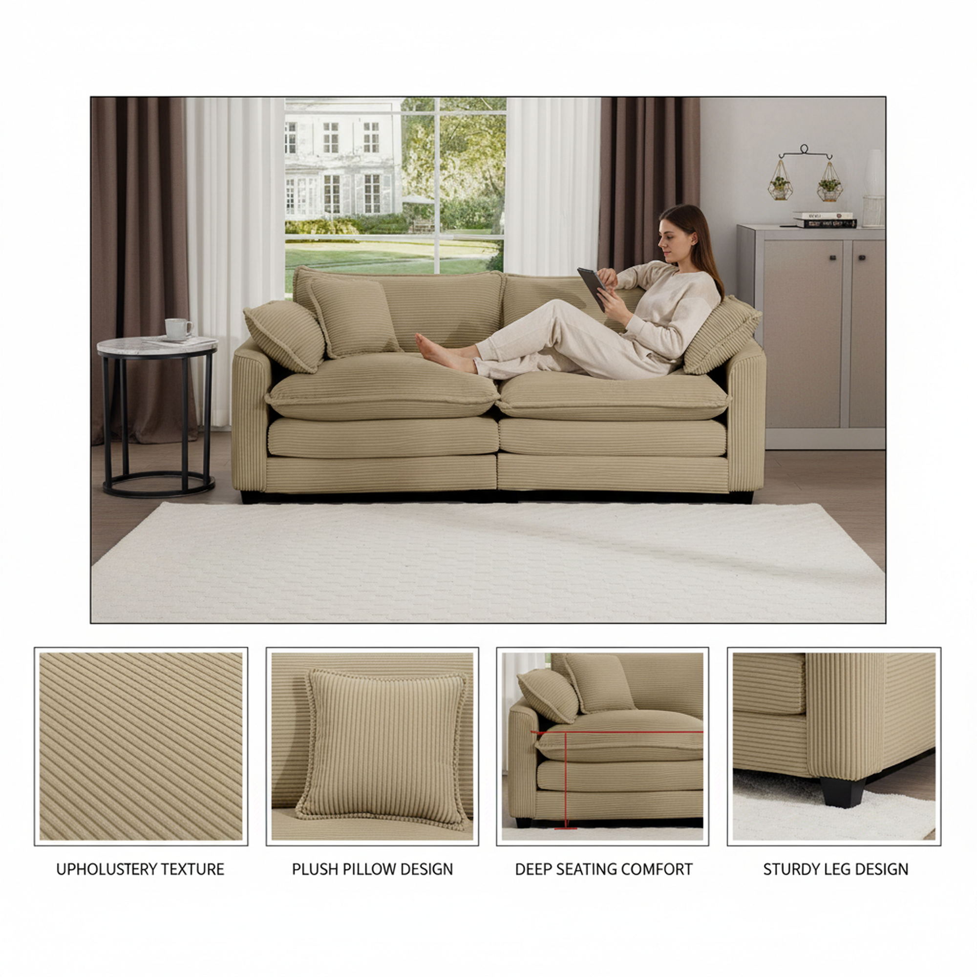 1-Pack Tan Corduroy Loveseat Sofa, Modern Fabric Upholstered Deep Seating, Classic & Retro Design, 4 Pillows Included, Living Room & Apartment Furniture, Easy Assembly, Comfortable & Stylish Accent Piece