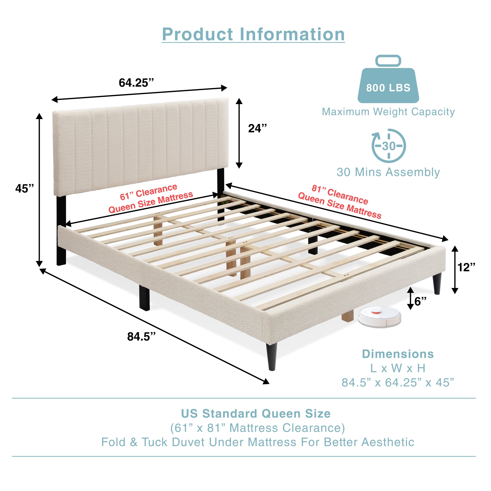 Cream White Upholstered Queen Platform Bed Frame, Tufted Channel Headboard, Mid-Century Bedroom Furniture, No Box Spring Required, Bed Frame Wood Slats, Modern Soft Boucle
