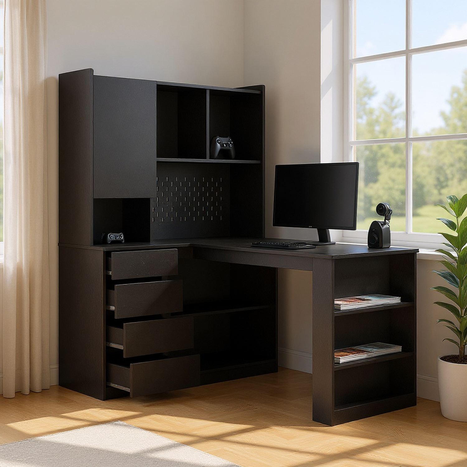 L Shaped Desk,Computer Desk with Drawers,Bookshelf,with LED Light,Modern Corner Desk,Home Office Desk,L-Shaped Study Table Writing Desk,Corner Gaming Computer Desk with Storage