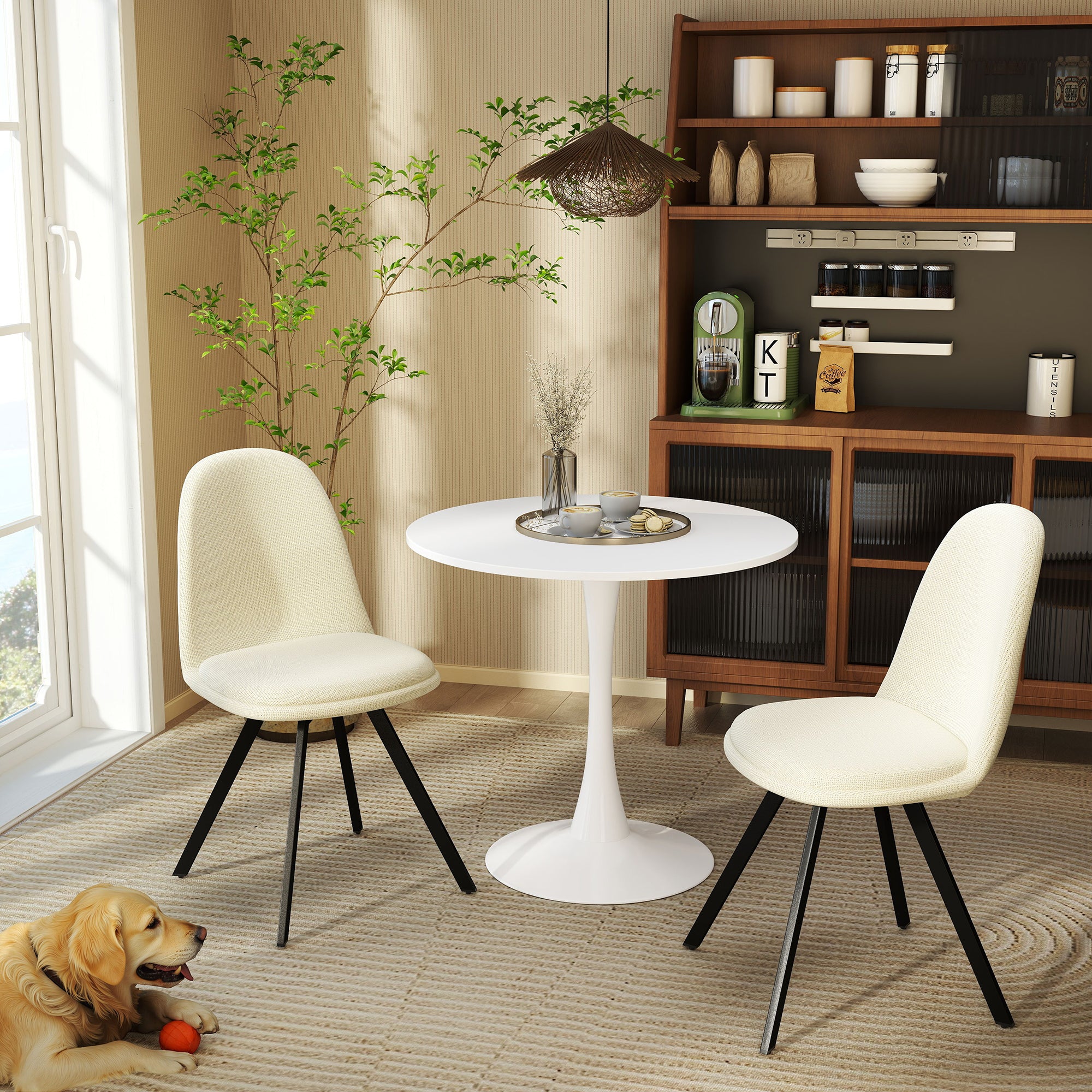 Homy Casa Clift 5PC Dining Set 31.5” White Round Dining Table with 4 Sunflower Swivel Beige Fabric Dining Chairs Open Box