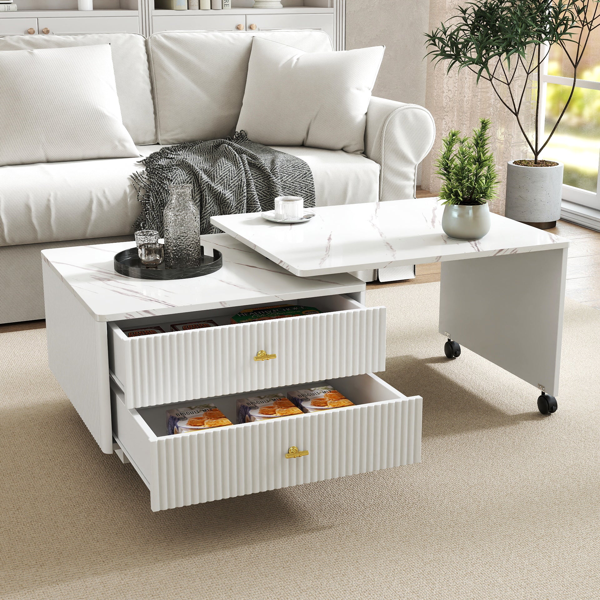 Vesta 47.24" Modern White Extendable Coffee Table with Storage Drawers and Wheels
