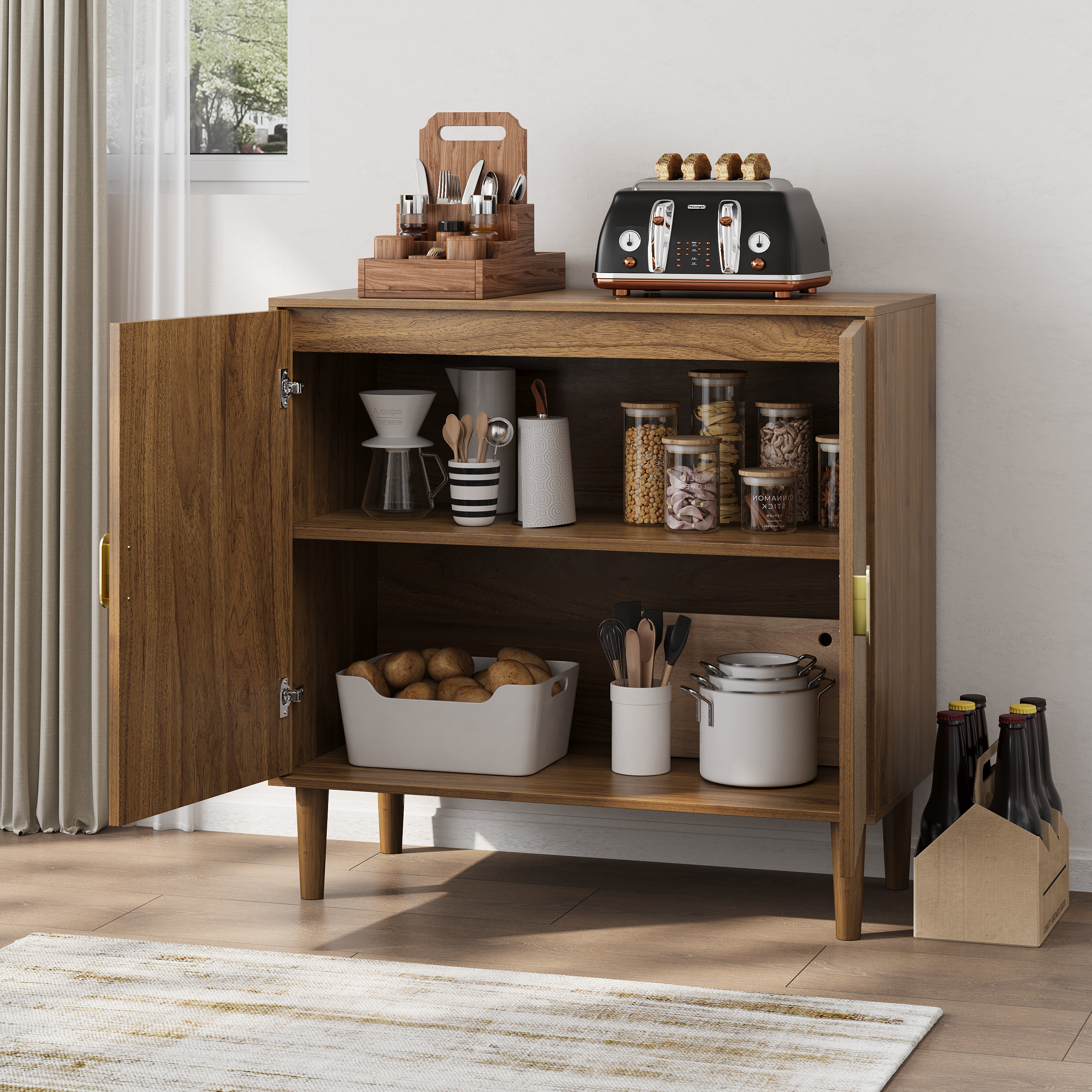 Ghent Walnut Modern Buffet Storage Cabinet with Carved Line Design