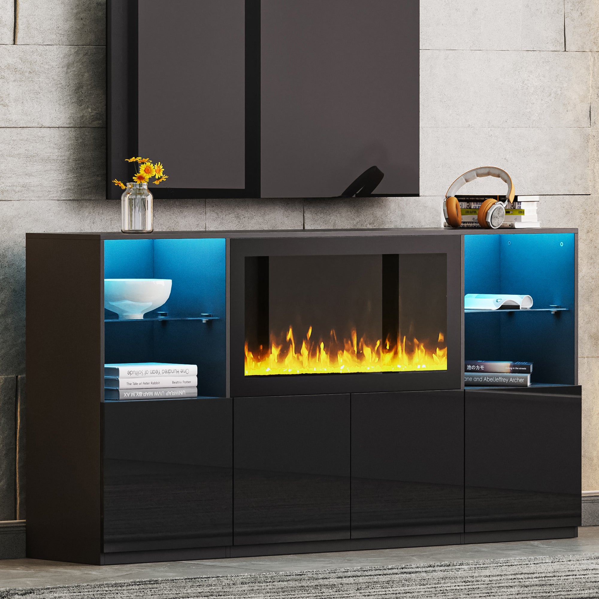 Ravine 75" Modern High Gloss Electric Fireplace TV Stand with LED Lights Black
