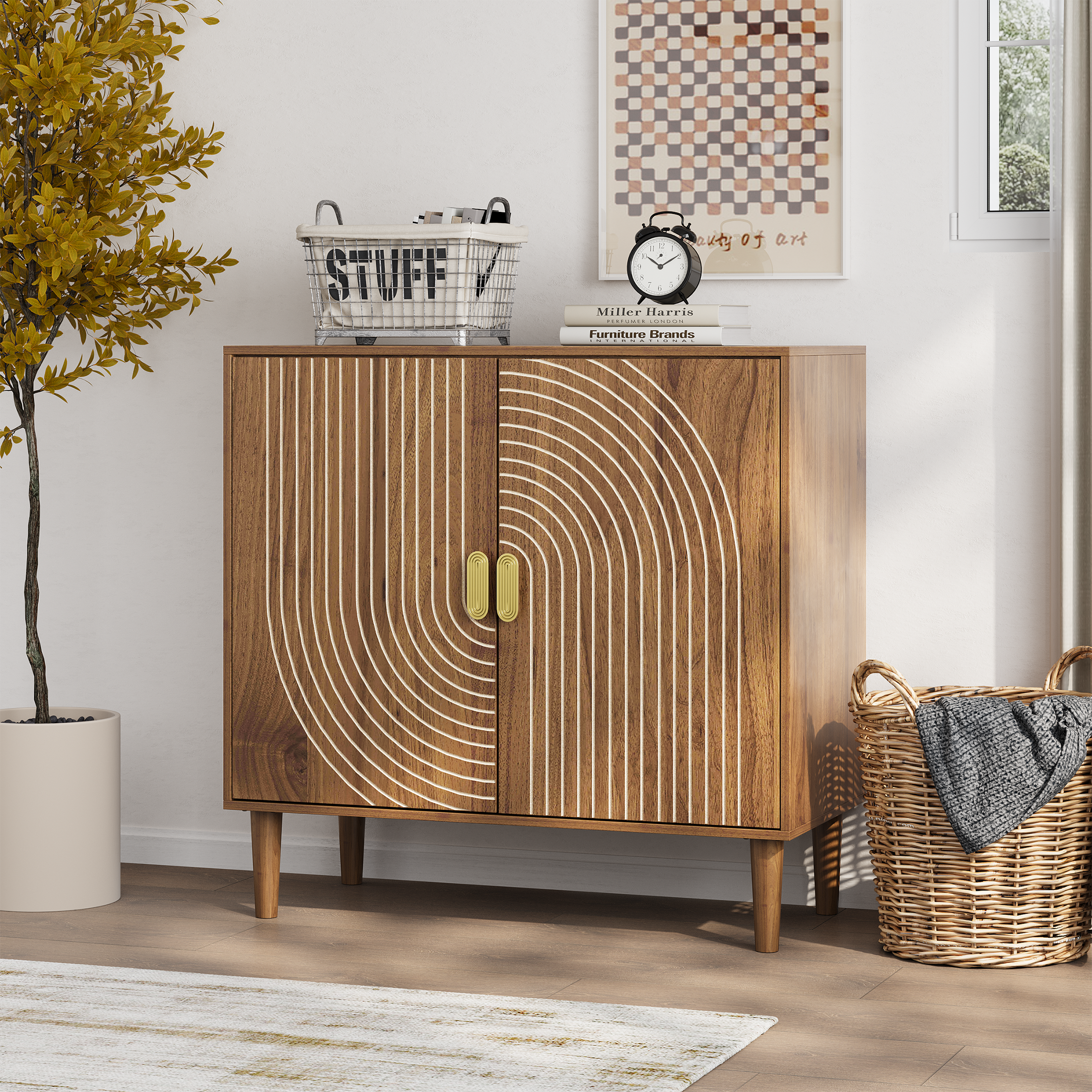 Ghent Walnut Modern Buffet Storage Cabinet with Carved Line Design