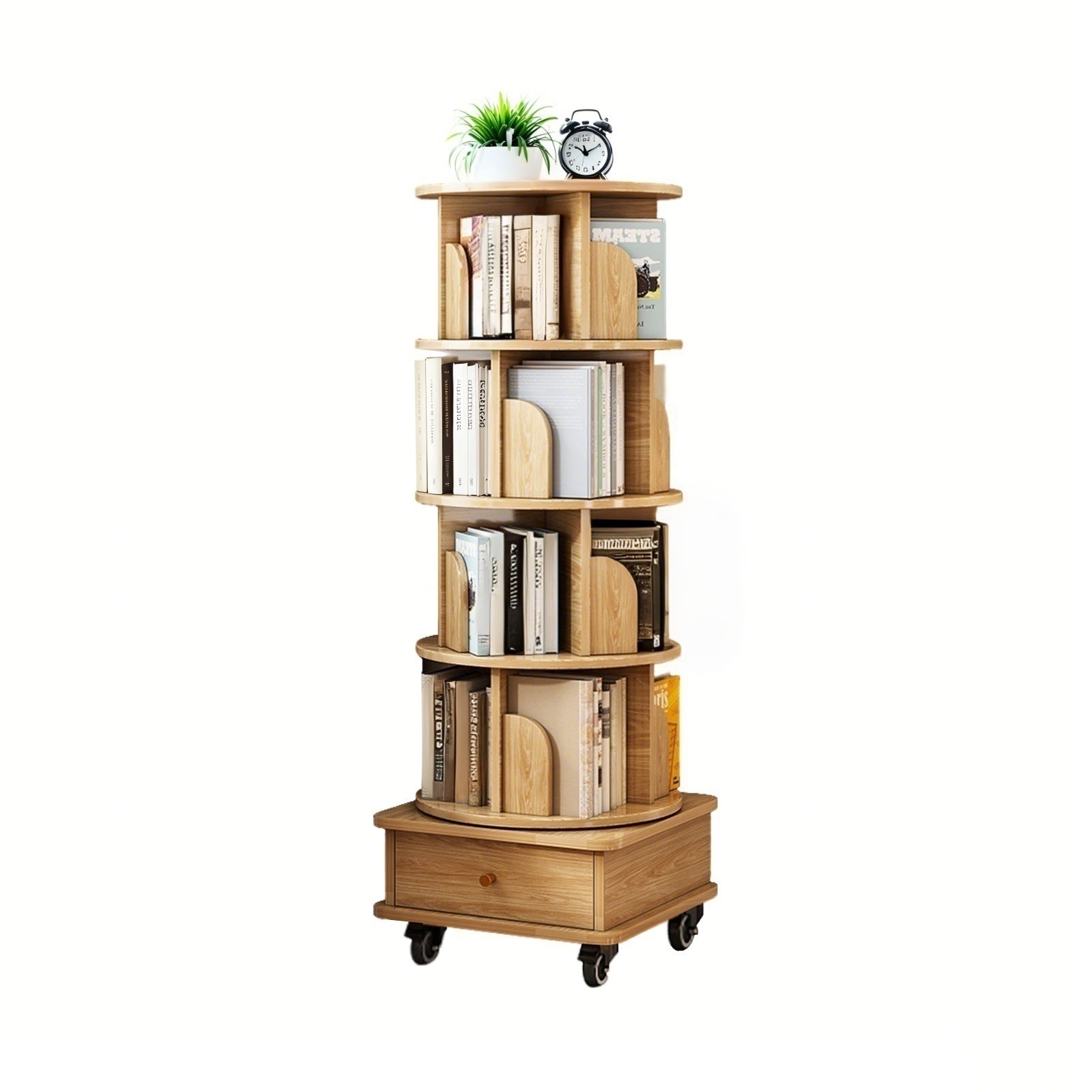 Sophia 5 Tier Rotating Bookshelf Display Stand with Drawer and Wheels