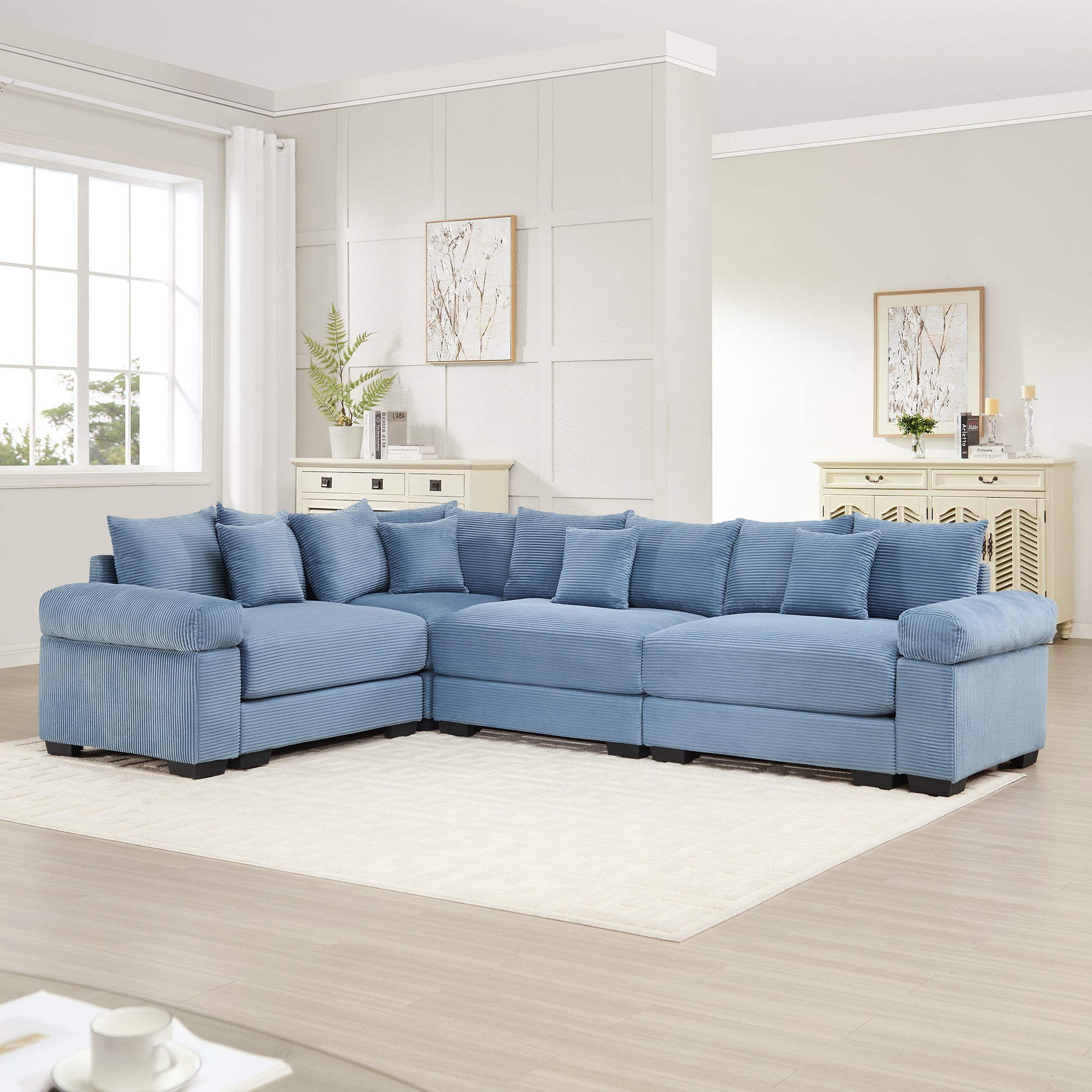 Albany 130" Modular Corduroy Cloud L-Shaped Sectional Sofa with Ottoman and Extra-Thick Armrests