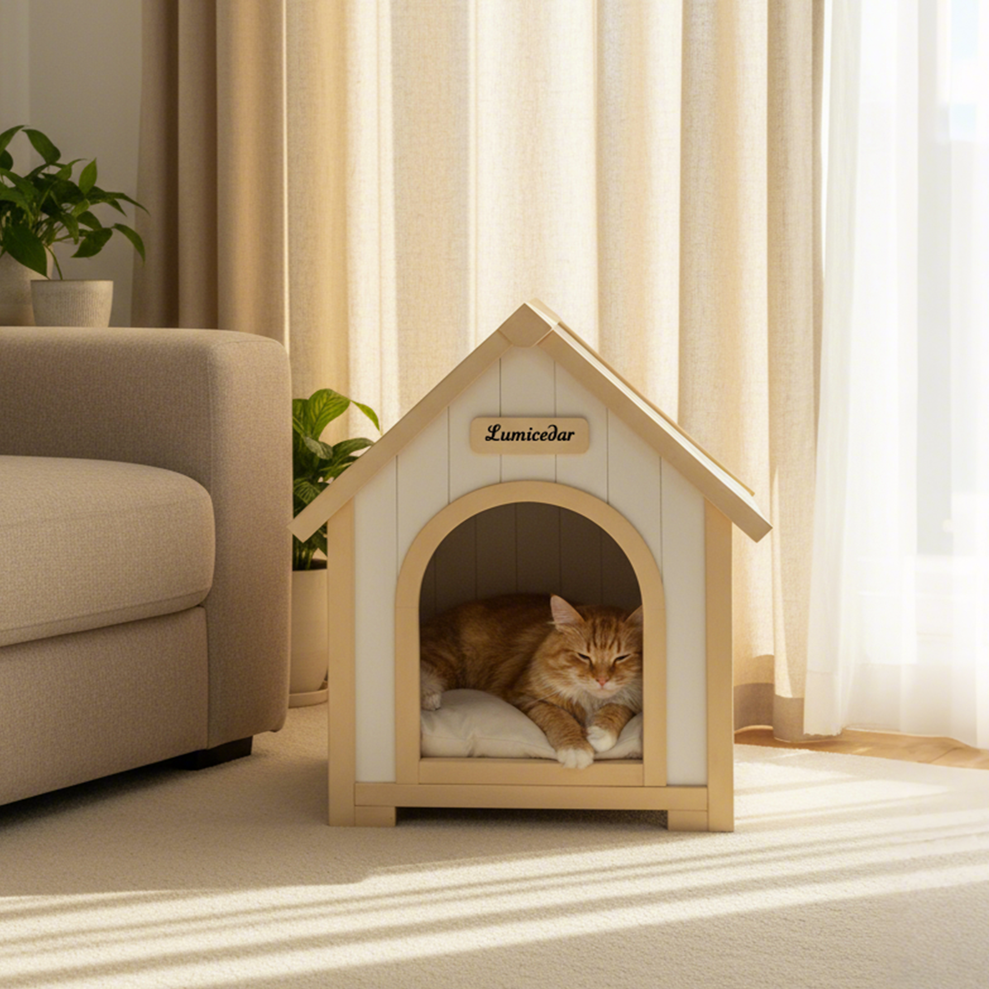 Homy Casa FSC Solid Cedar Pet House, 23.6" x 21.7" x 27.6", Indoor Cabin Shelter for Small Dogs & Cats, Cream Yellow