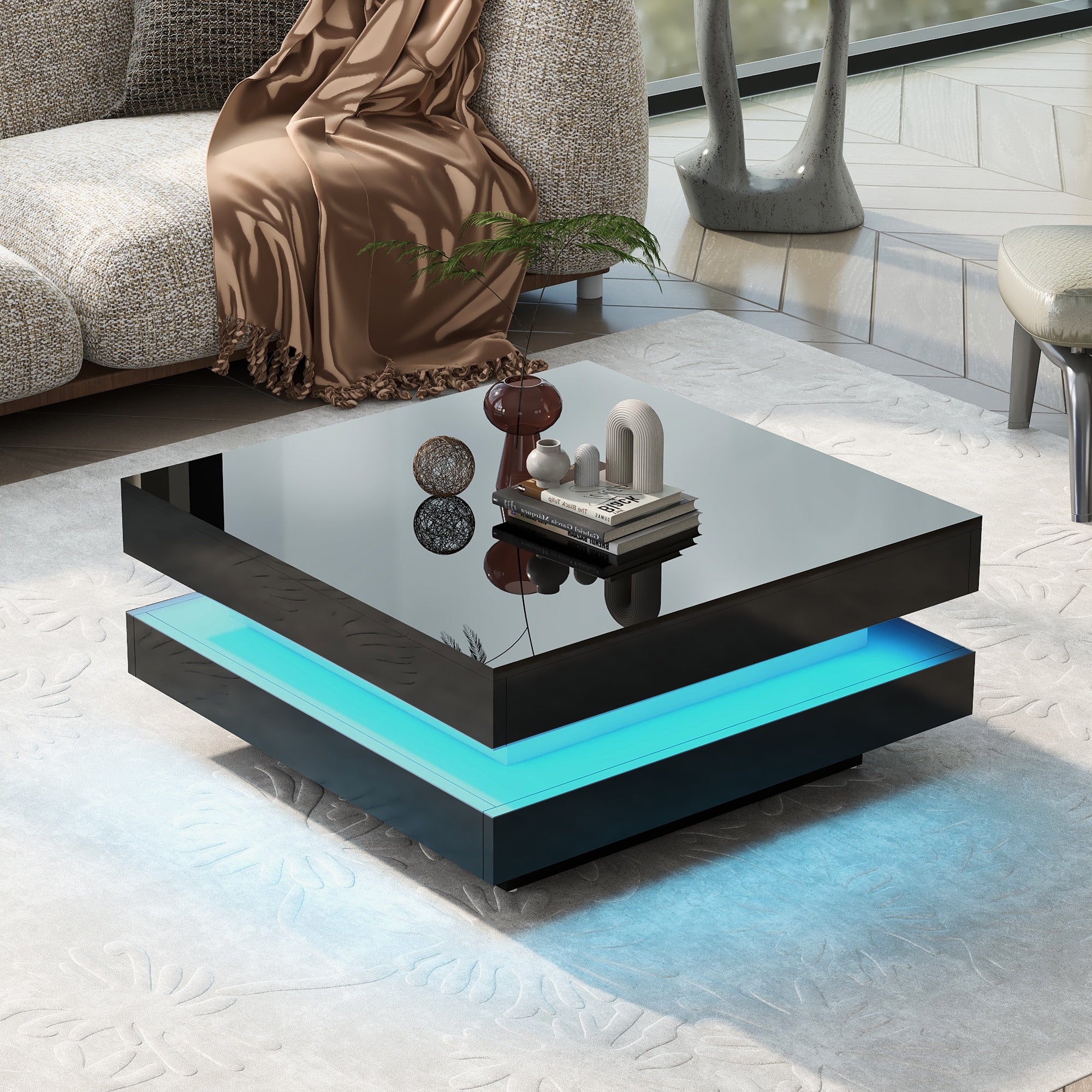 Astra 31" Modern High Gloss Square Coffee Table with LED Lights Black