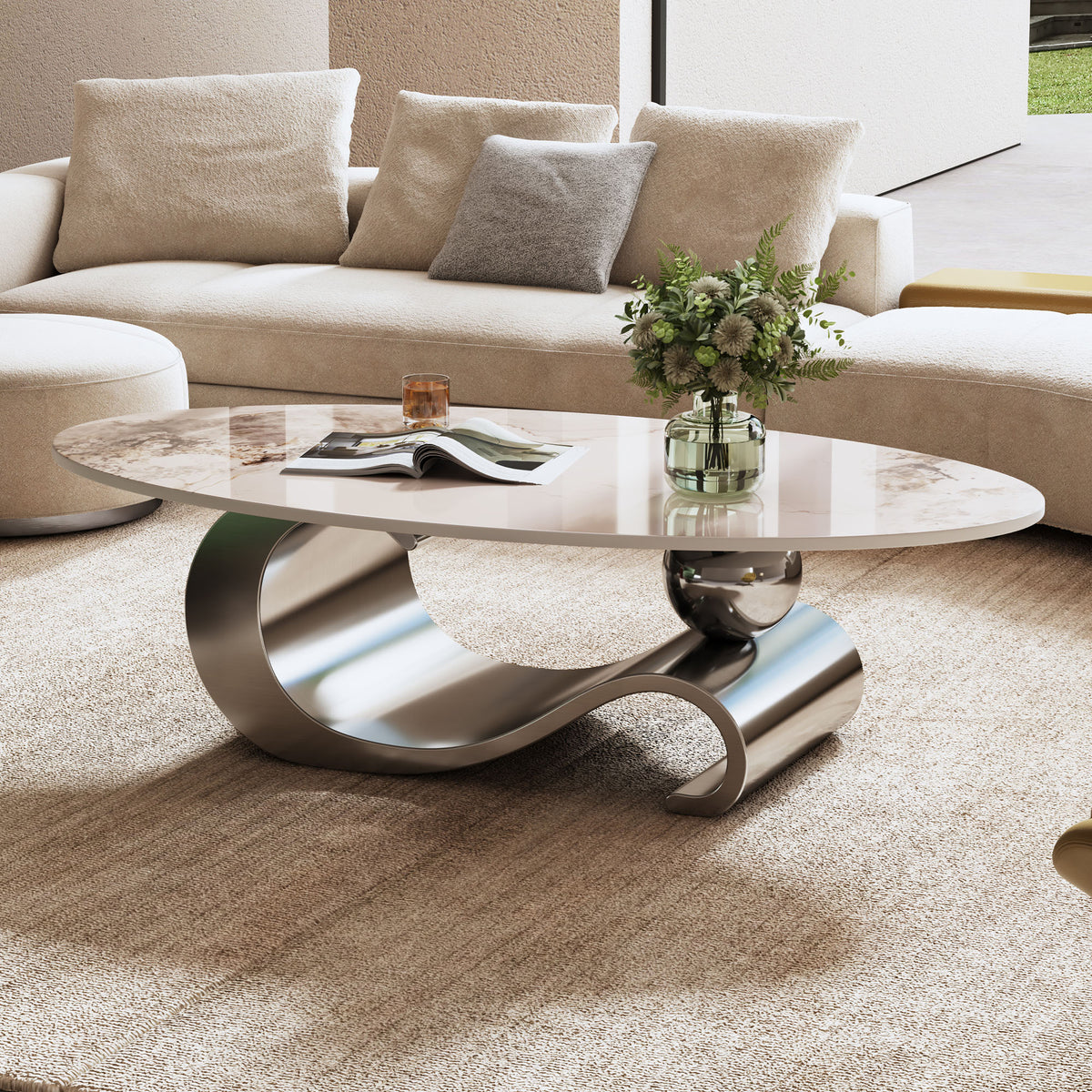 Varese 49" Modern Oval Coffee Table with Marble Top and Sculptural Gold Base