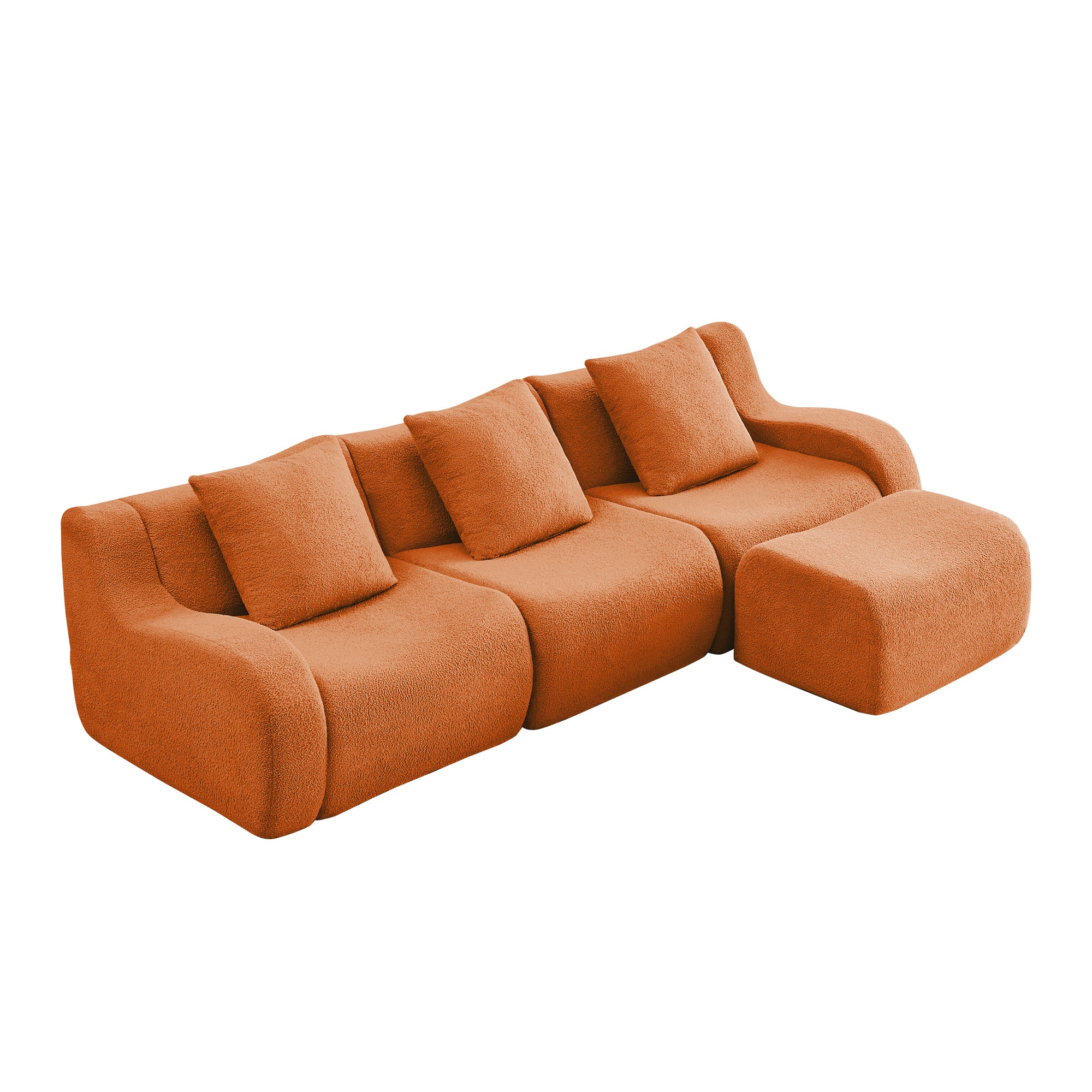 Chico 115" Modular Teddy Fabric L-Shaped Sofa with Curved Armrests and Movable Ottoman